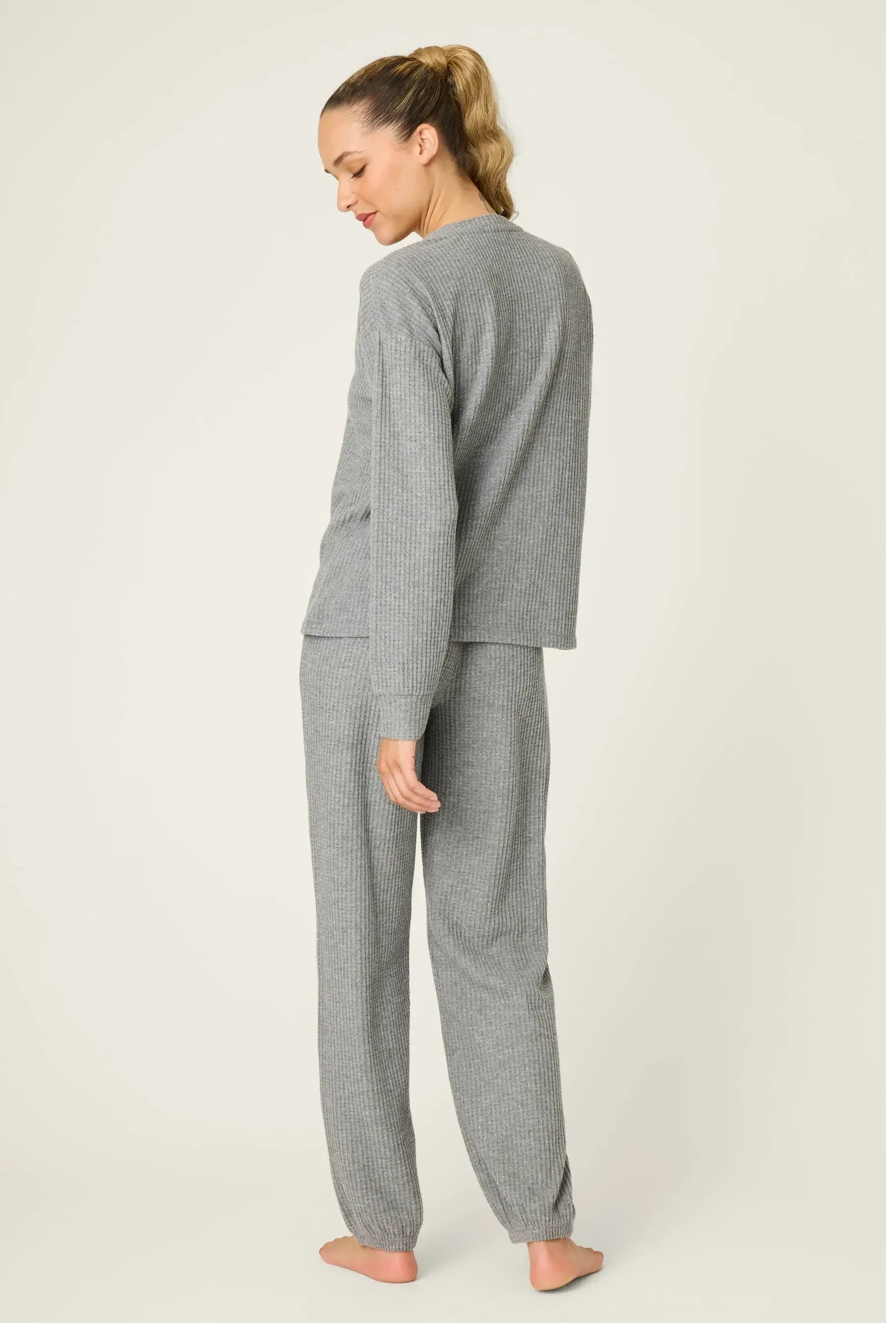 Charcoal Fireside Sparkle Brushed Thermal PJ Set | Long Sleeve Top & Jogger Pants | PJ Salvage