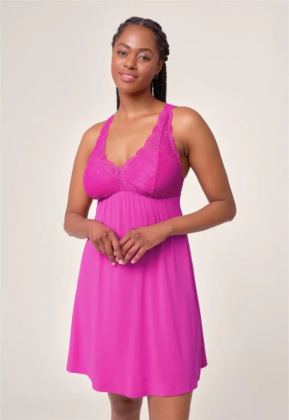 Fleurt by Montelle Belle Époque Full Chemise in Passion Fruit Pink. Shown on model against light background in a Full Length profile