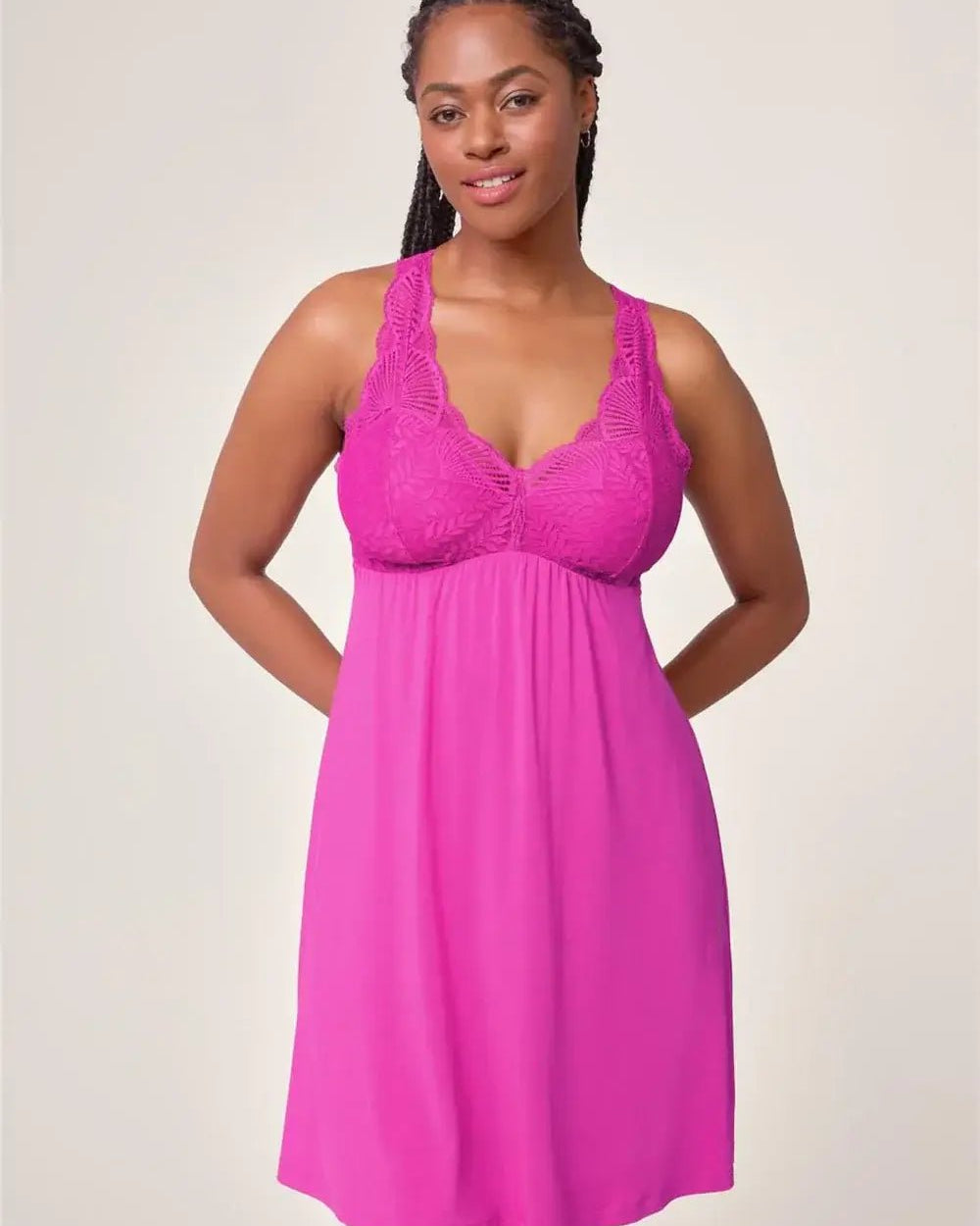 Fleurt by Montelle Belle Époque Full Chemise in Passion Fruit Pink. Shown on model against light background in a Full Length profile