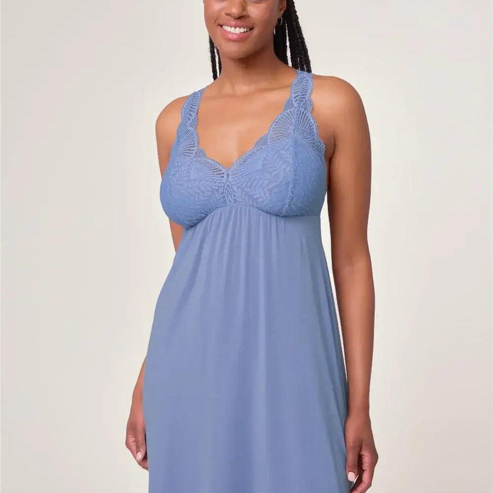 Fleurt by Montelle Belle Époque Full Chemise in Denim Blue. Shown on model against light background in a Full Length profile
