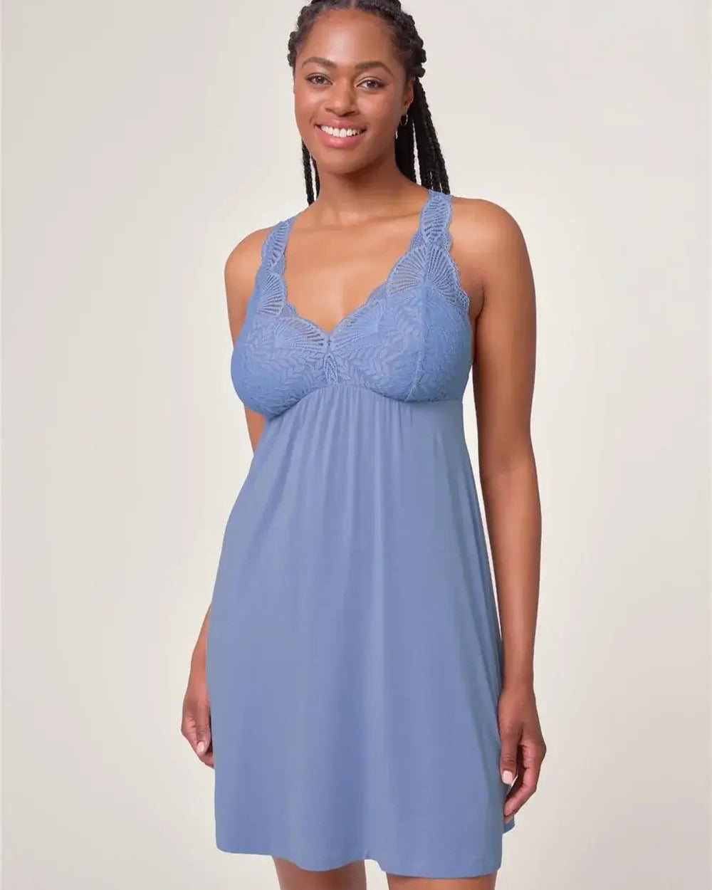 Fleurt by Montelle Belle Époque Full Chemise in Denim Blue. Shown on model against light background in a Full Length profile