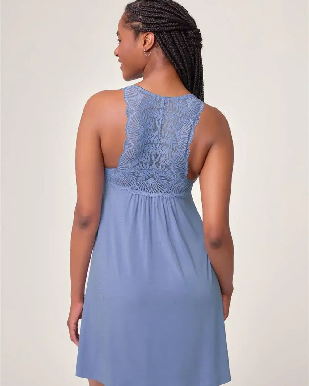 Fleurt by Montelle Belle Époque Full Chemise in Passion Fruit Pink. Shown on model against light background in a Full Length back view profile showing satin straps