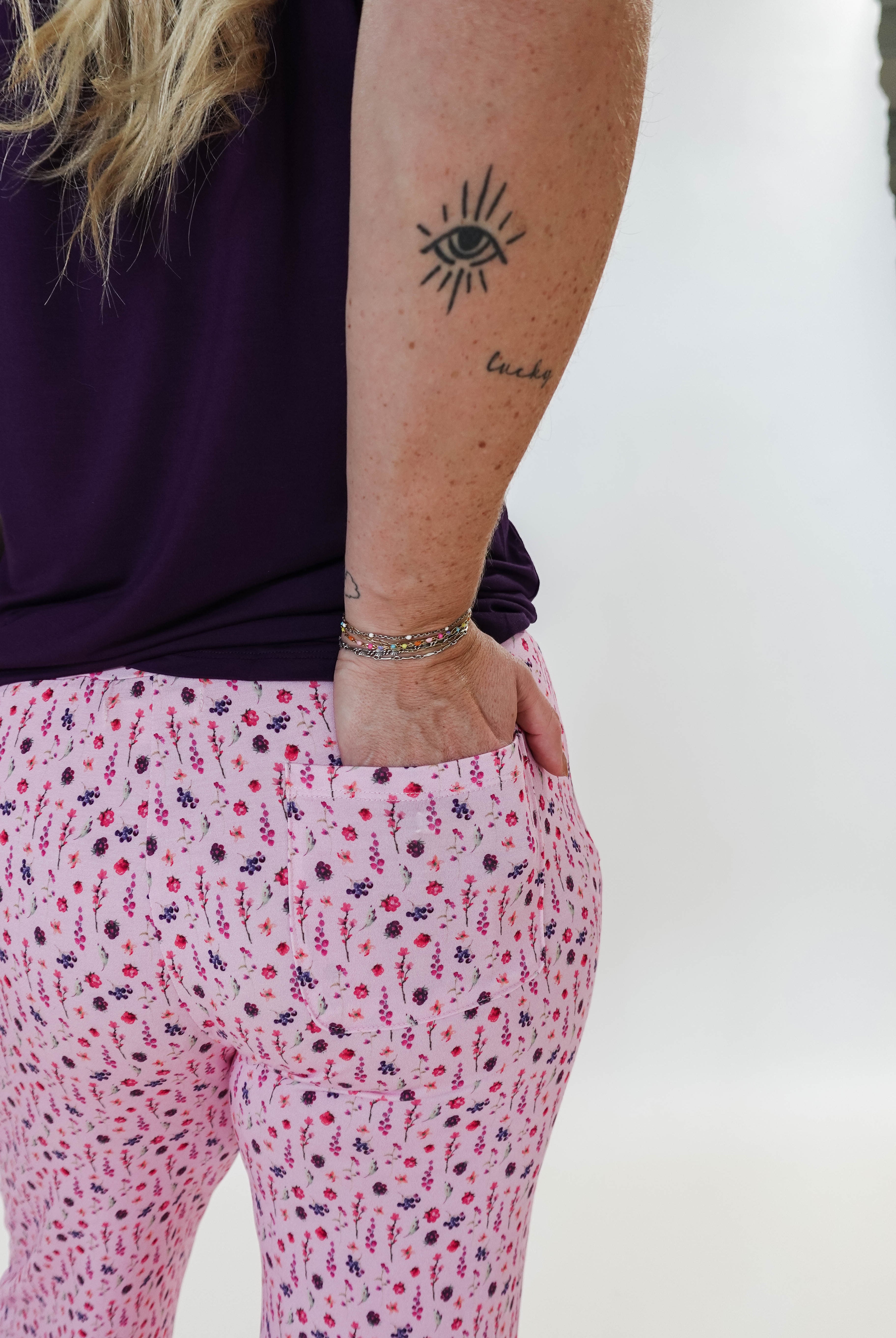 Flora's Garden Print Tee Floral Jogger PJ Set Bamboo back pocket detail view