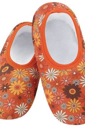 Snoozies Skinnies Lightweight Slipper Socks in Orange Flower Power Print - Non-skid Soles