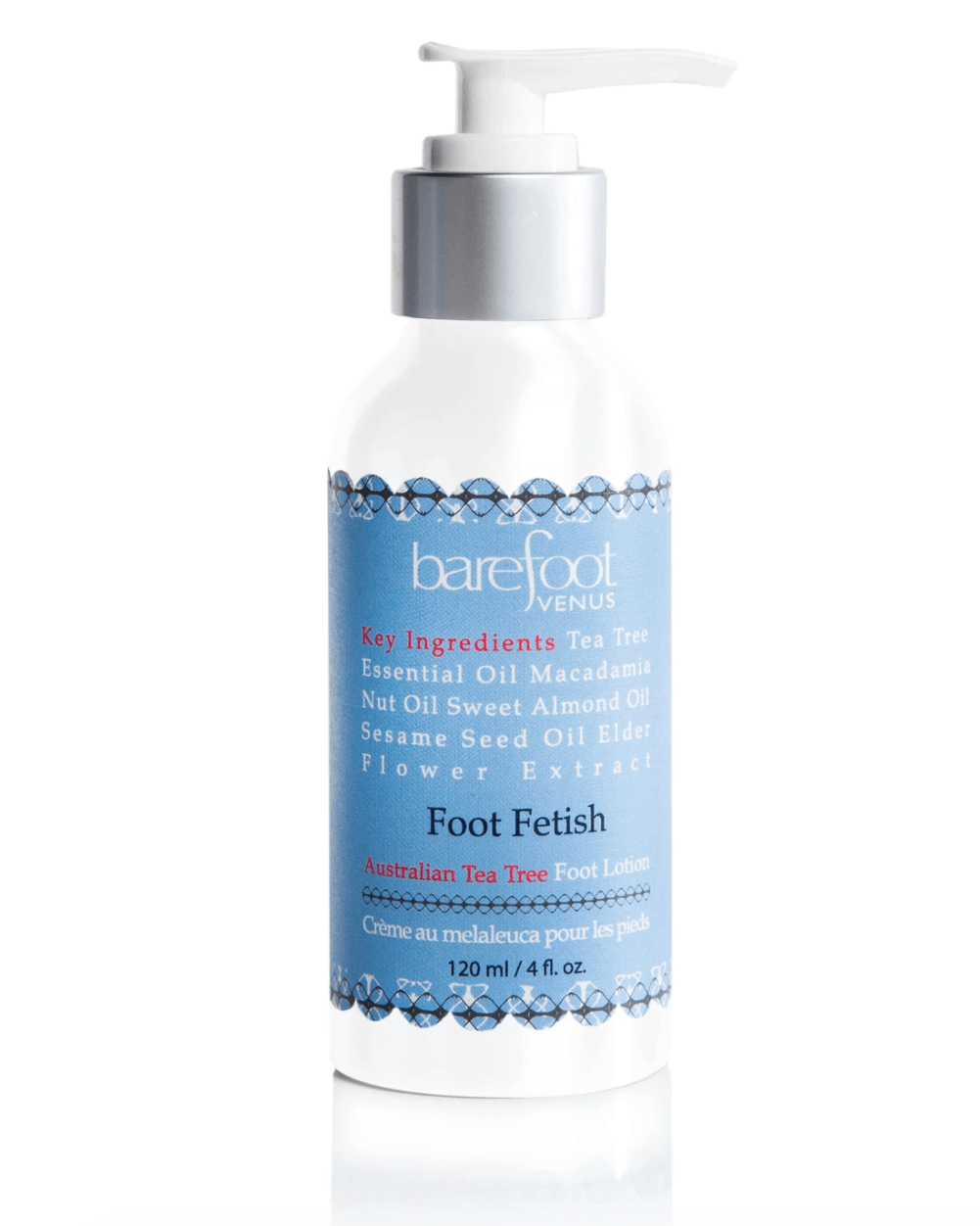 Barefoot Venus Foot Fetish lotion in pump bottle with peppermint and tea tree oil