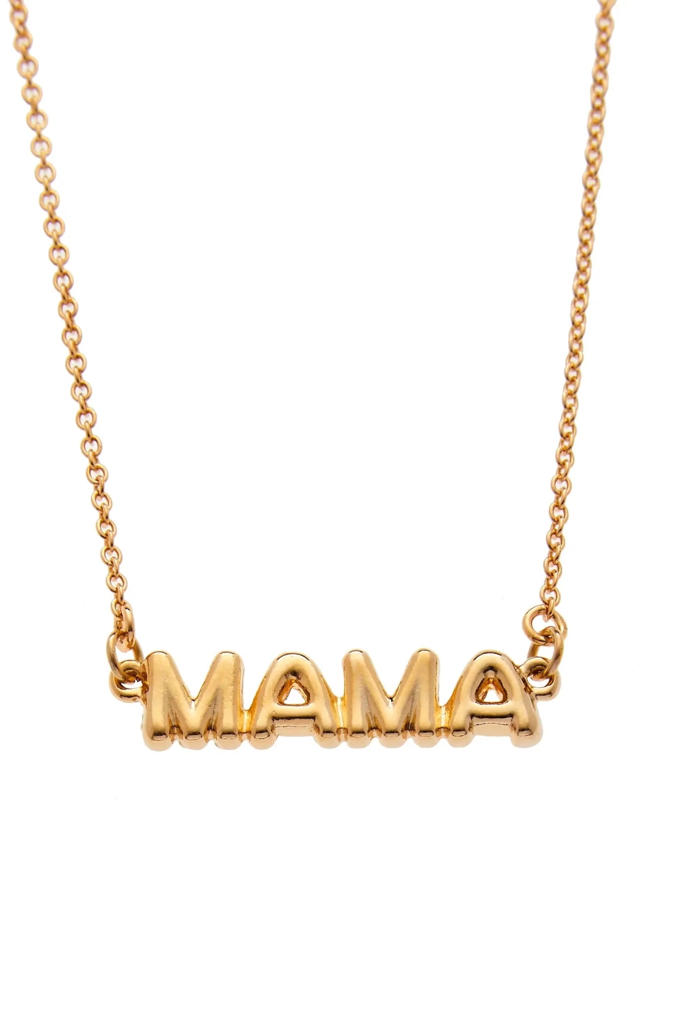 Forever Mama Necklace in 14K Gold featuring balloon-style lettering spelling 'MAMA' on a delicate chain.