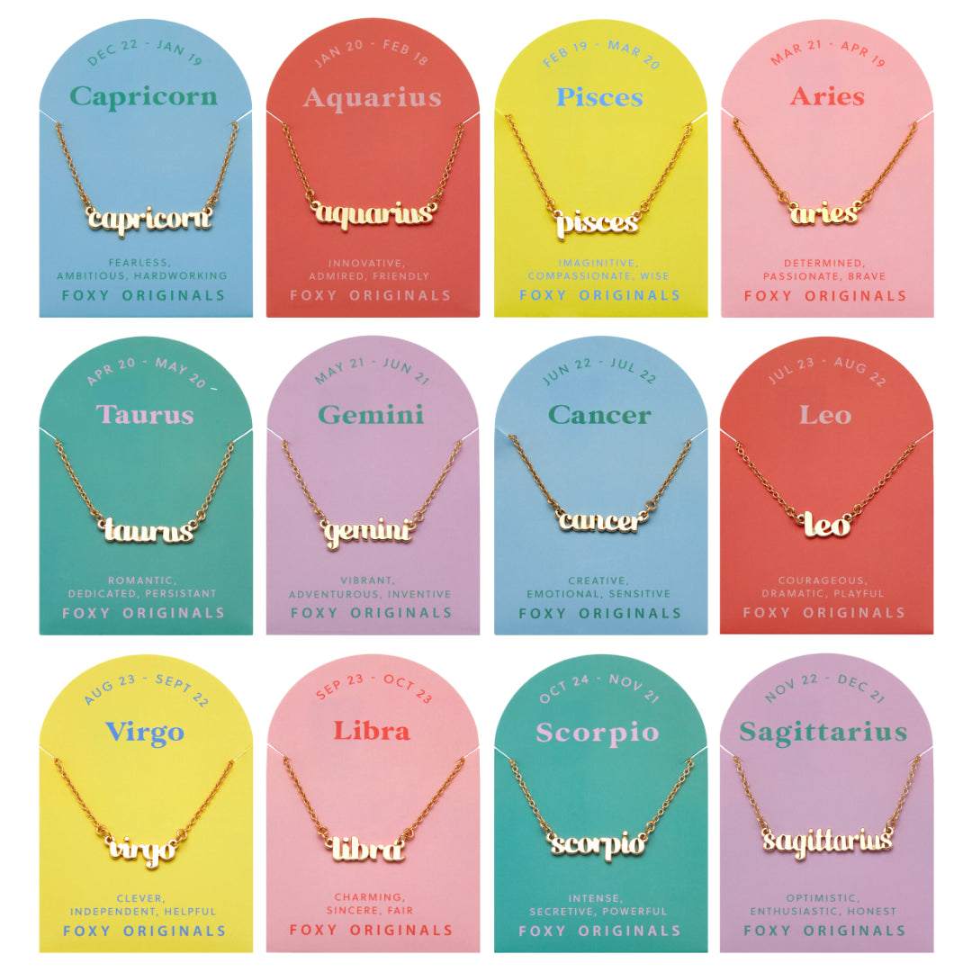 all-groups Zodiac Script Necklace in 14K Plated Gold featuring astrological signs on colorful cards