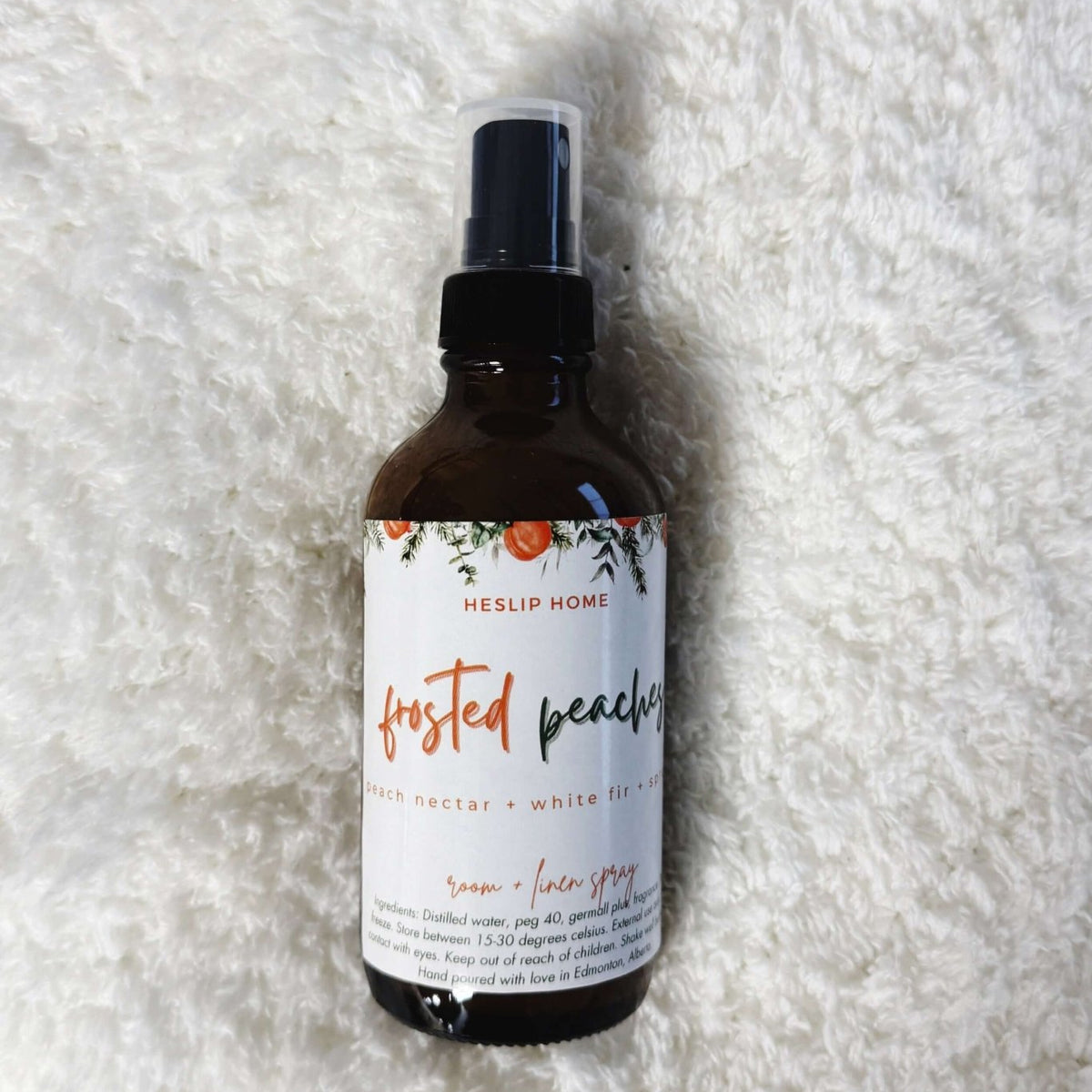 Frosted Peaches (Peach Nectar + White Fir + Spruce) Heslip Home Luxury Room & Linen Spray notes of peaches, white fir and spruce