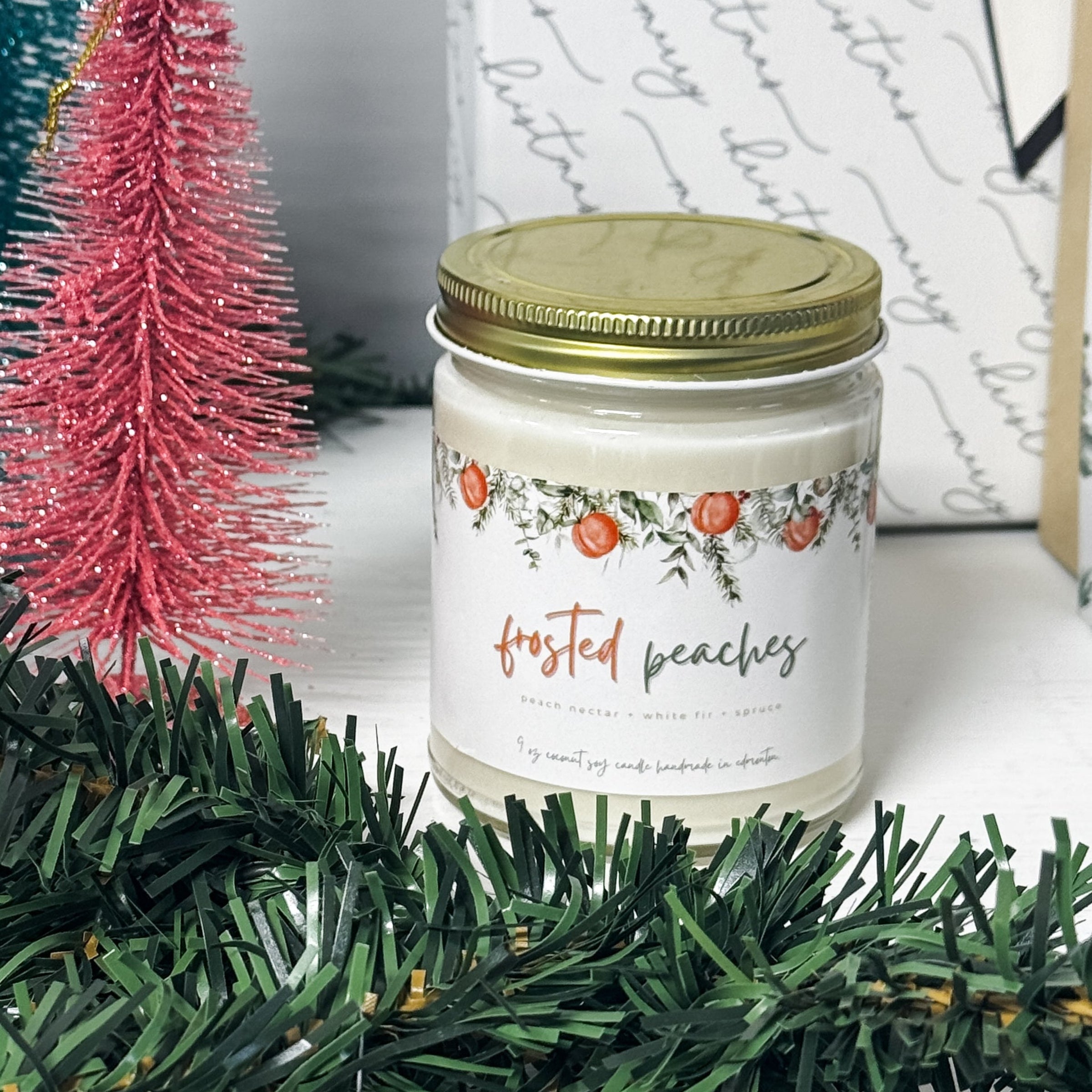 Frosted Peaches 9oz Candle - Peach Nectar + White Fir + Spruce Coconut Soy Wax