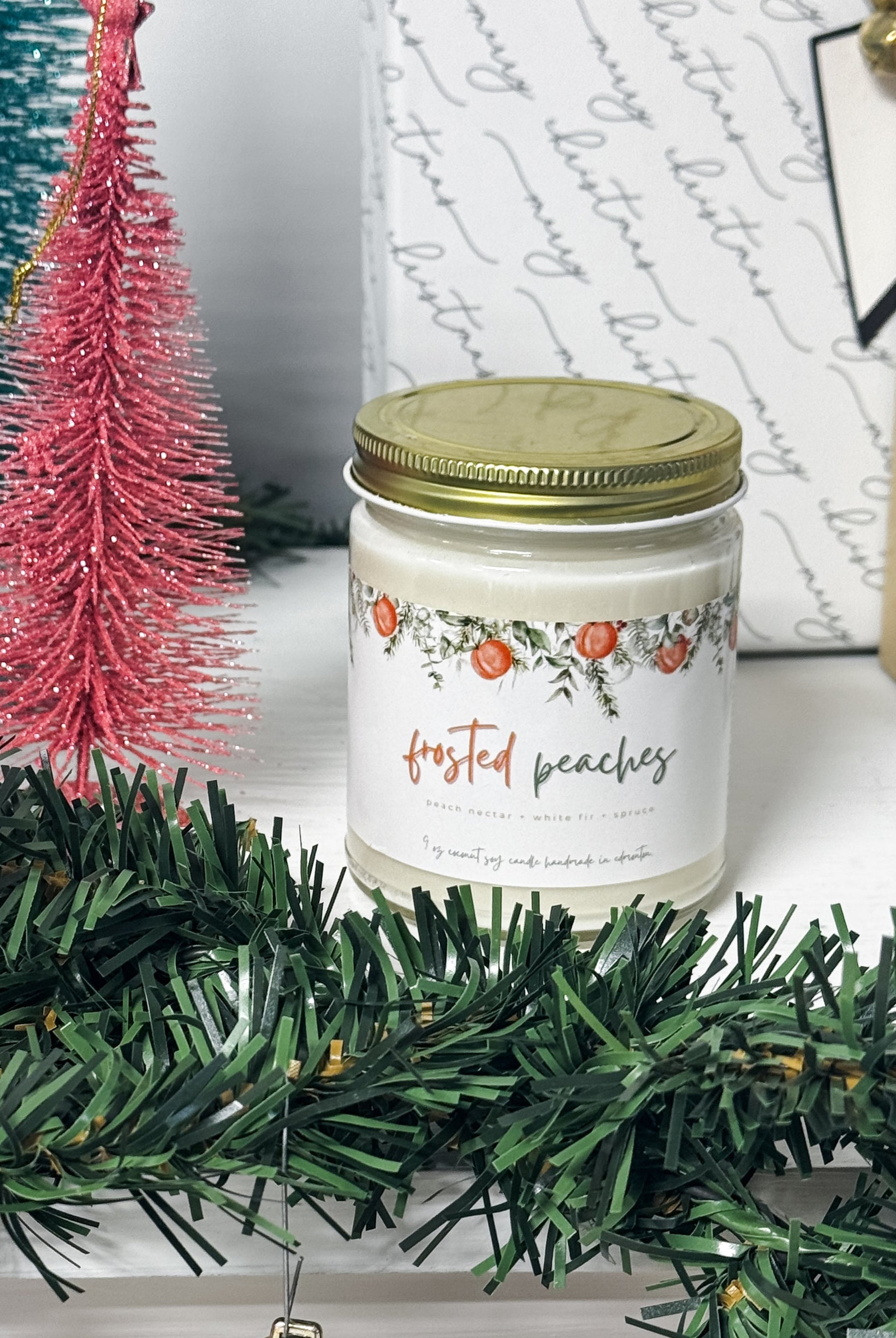 Frosted Peaches 9oz Candle - Peach Nectar + White Fir + Spruce Coconut Soy Wax