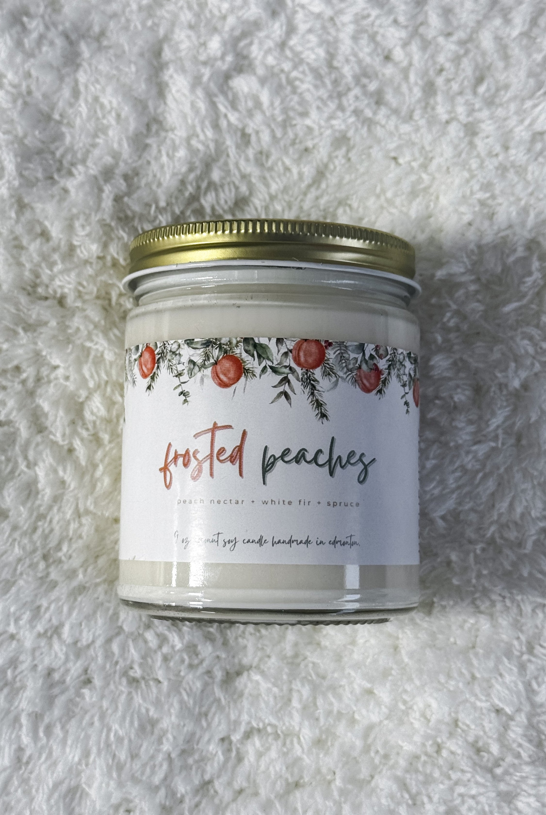 Frosted Peaches 9oz Candle - Peach Nectar + White Fir + Spruce Coconut Soy Wax