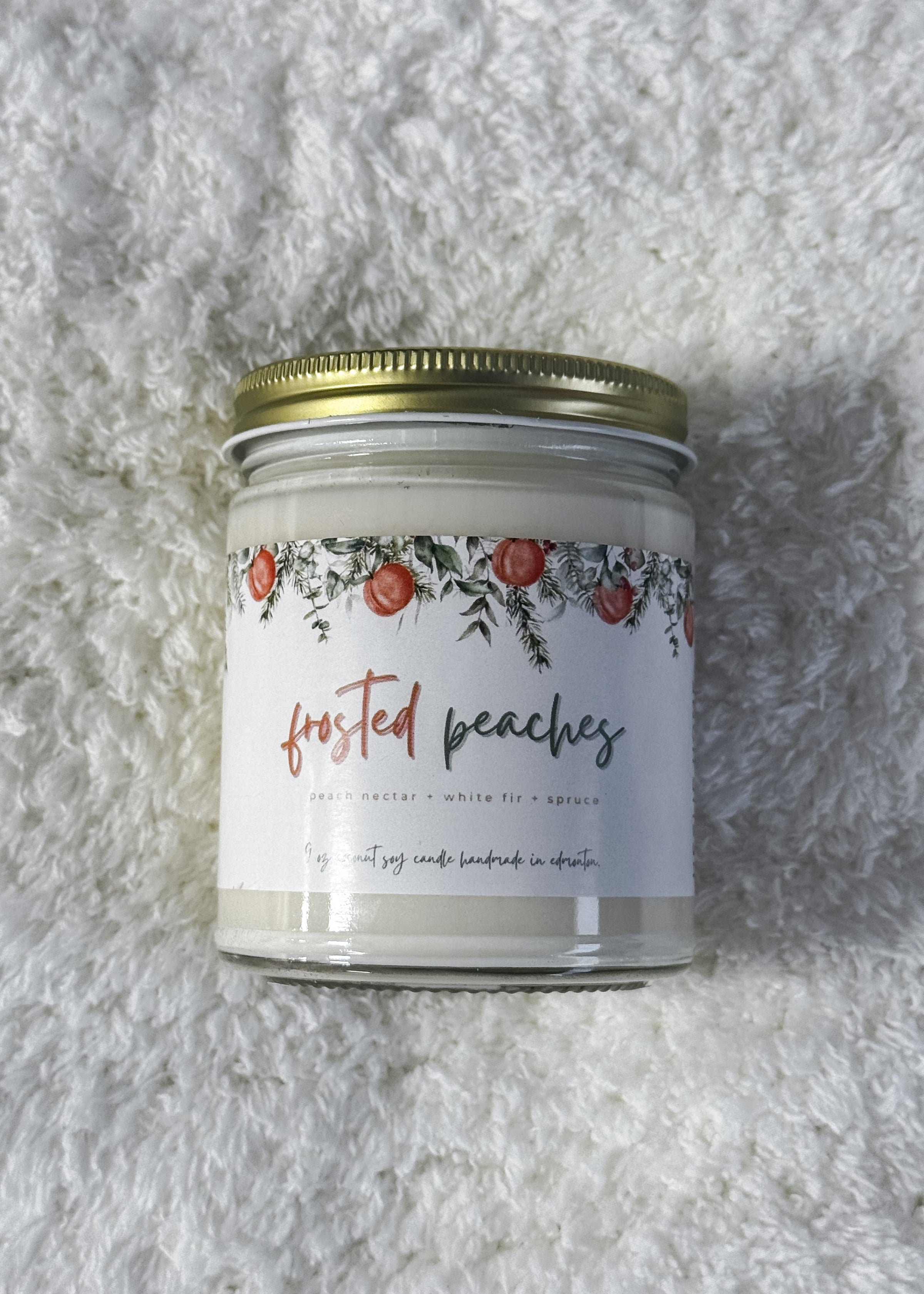Frosted Peaches 9oz Candle - Peach Nectar + White Fir + Spruce Coconut Soy Wax