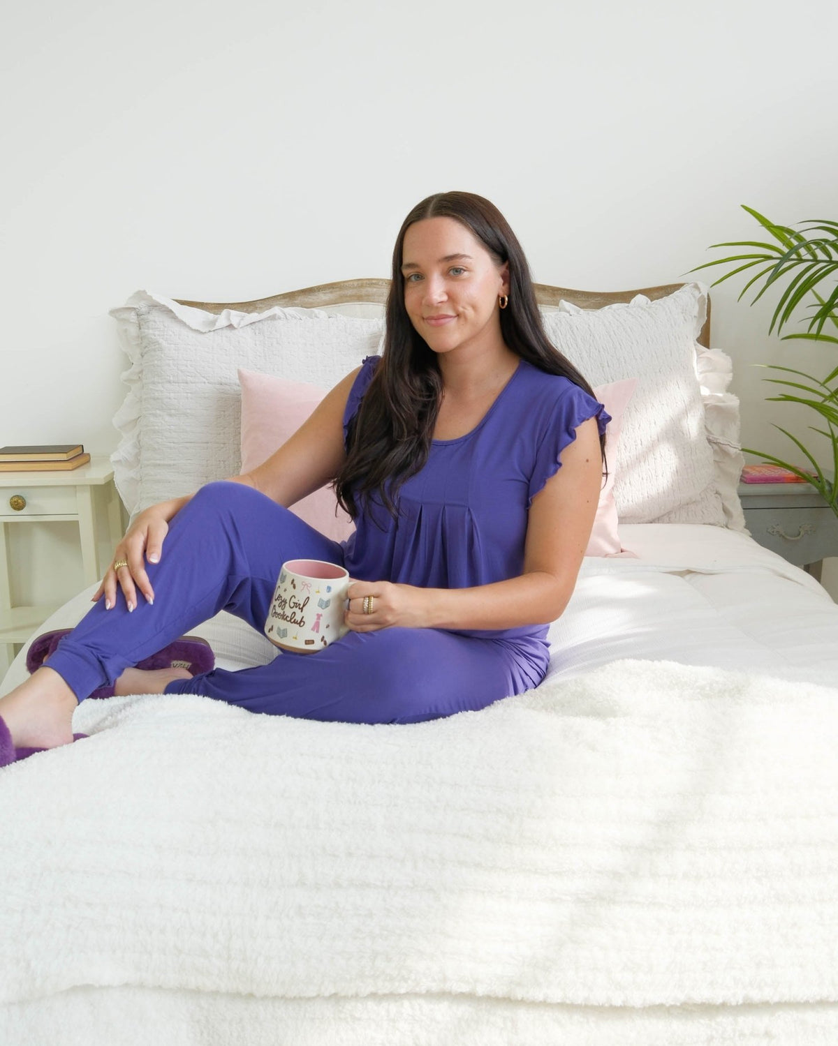 Georgia Rylan Blueberry Flutter Jogger Set lifestyle morning — Cloud Nine Pajamas