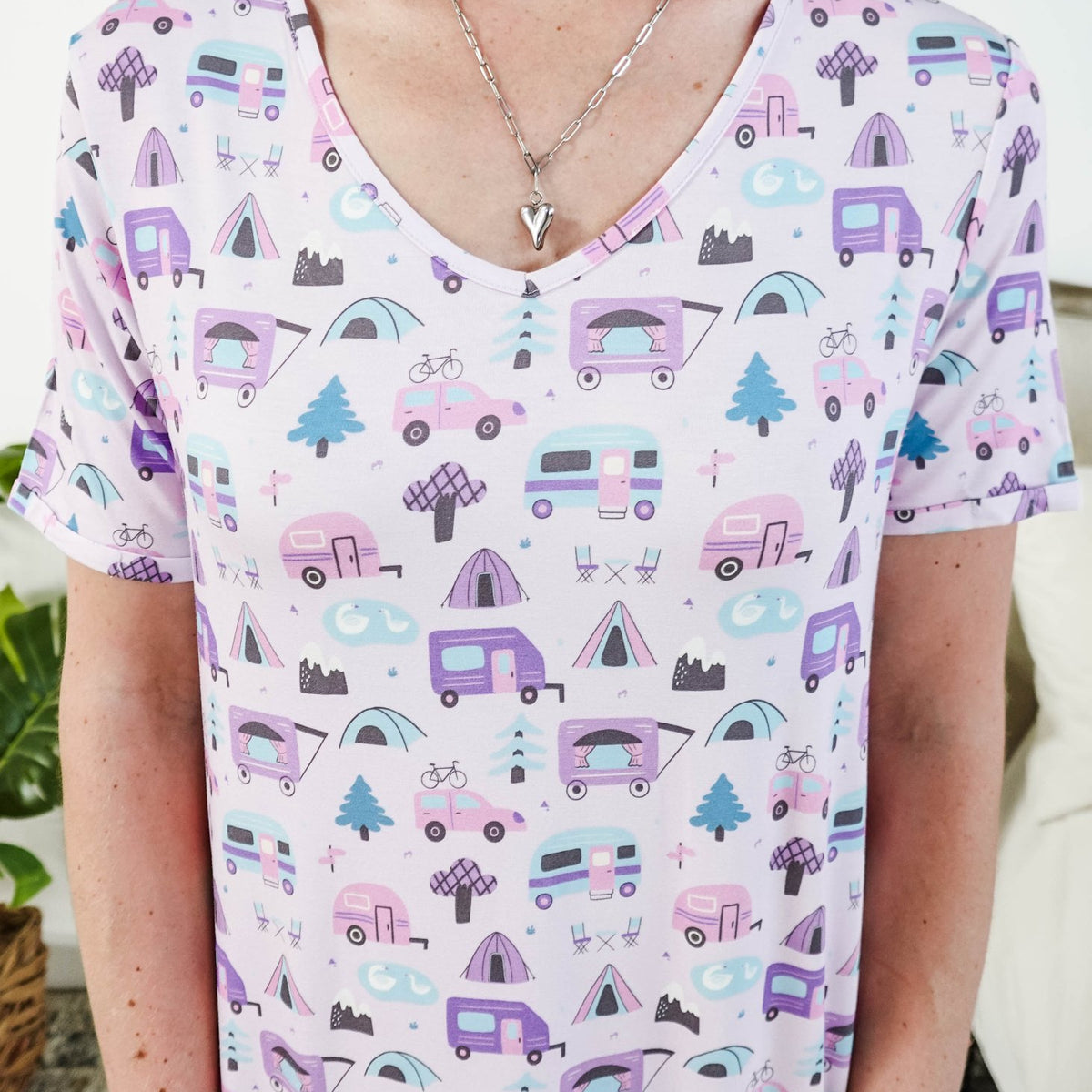 Georgia Rylan Bamboo V-Neck Nightshirt with Pockets | Happy Campers showing venck neckline