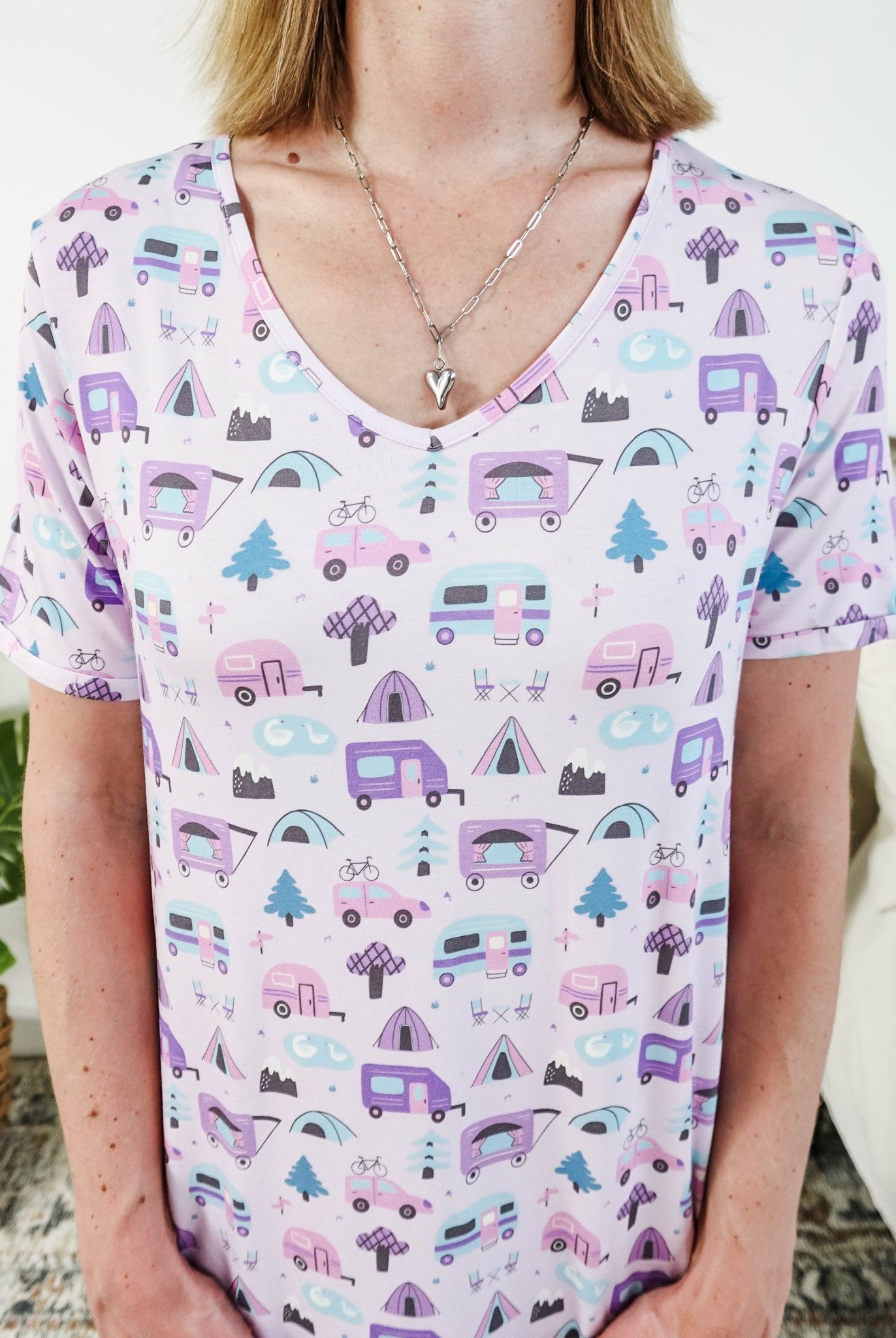 Georgia Rylan Bamboo V-Neck Nightshirt with Pockets | Happy Campers showing venck neckline