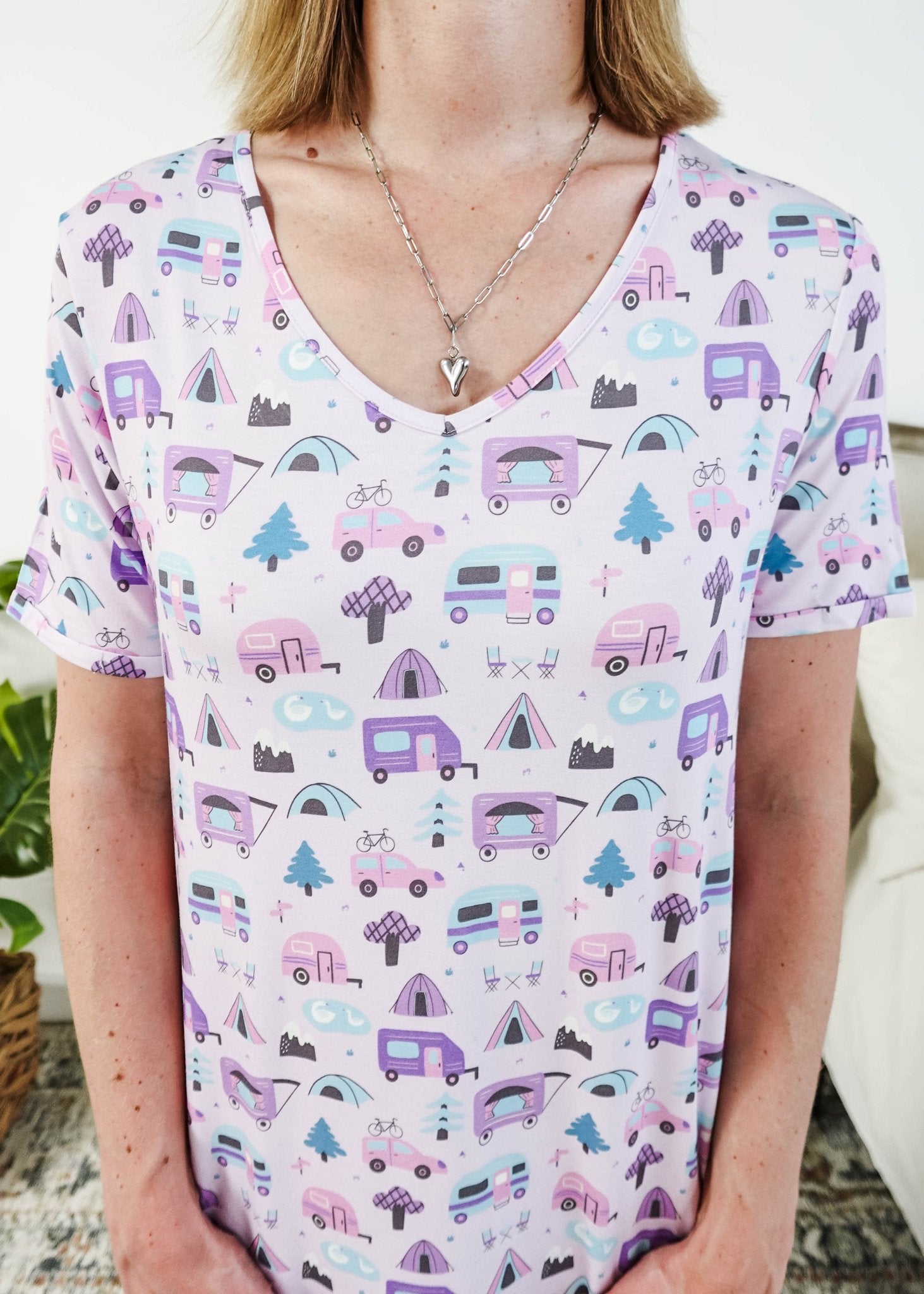 Georgia Rylan Bamboo V-Neck Nightshirt with Pockets | Happy Campers showing venck neckline