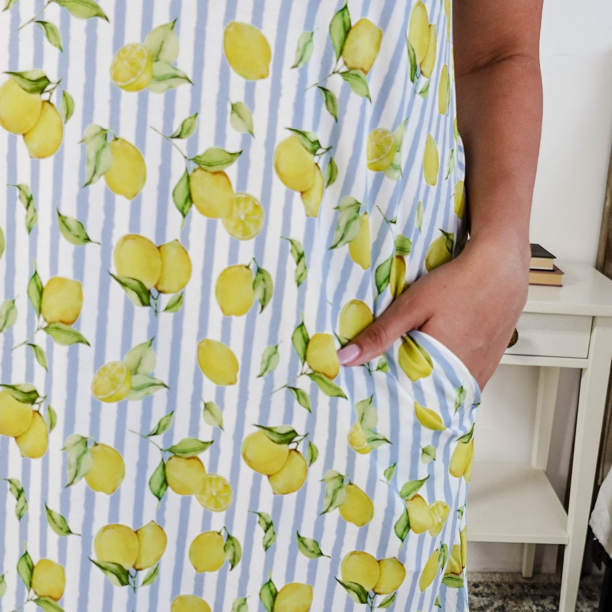 Georgia Rylan Bamboo V-Neck Nightshirt with Pockets | Limoncello Print showing side slit pockets