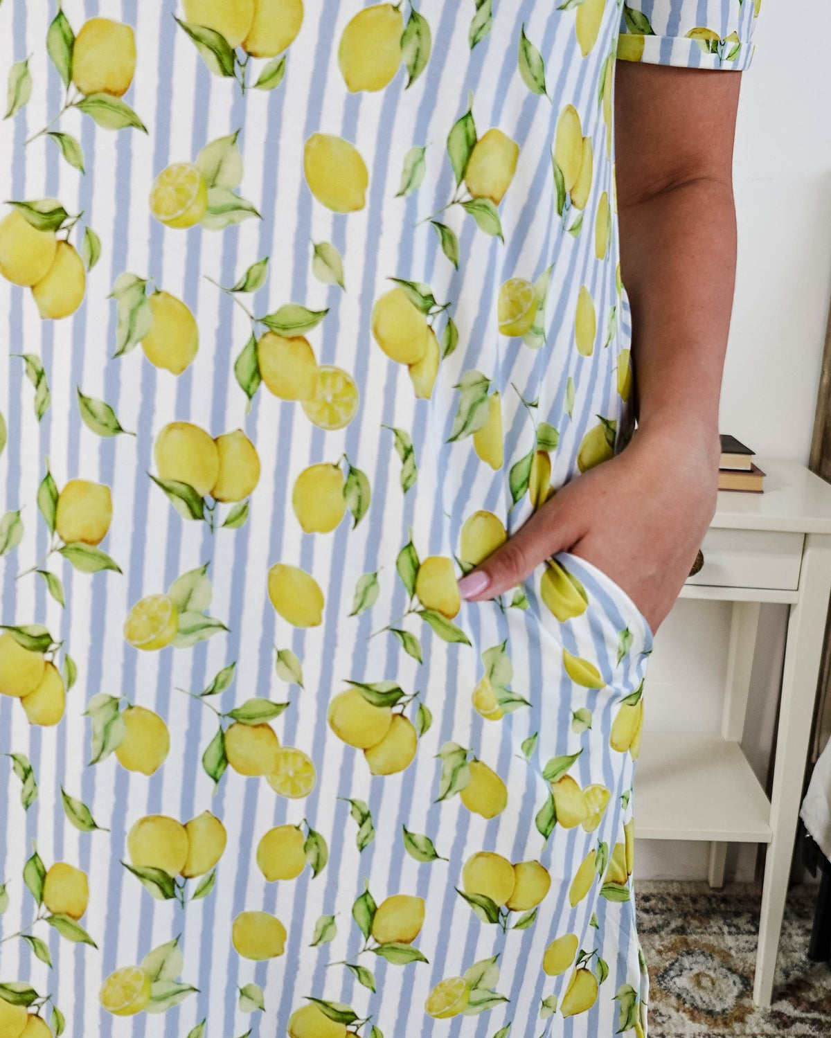 Georgia Rylan Bamboo V-Neck Nightshirt with Pockets | Limoncello Print showing side slit pockets