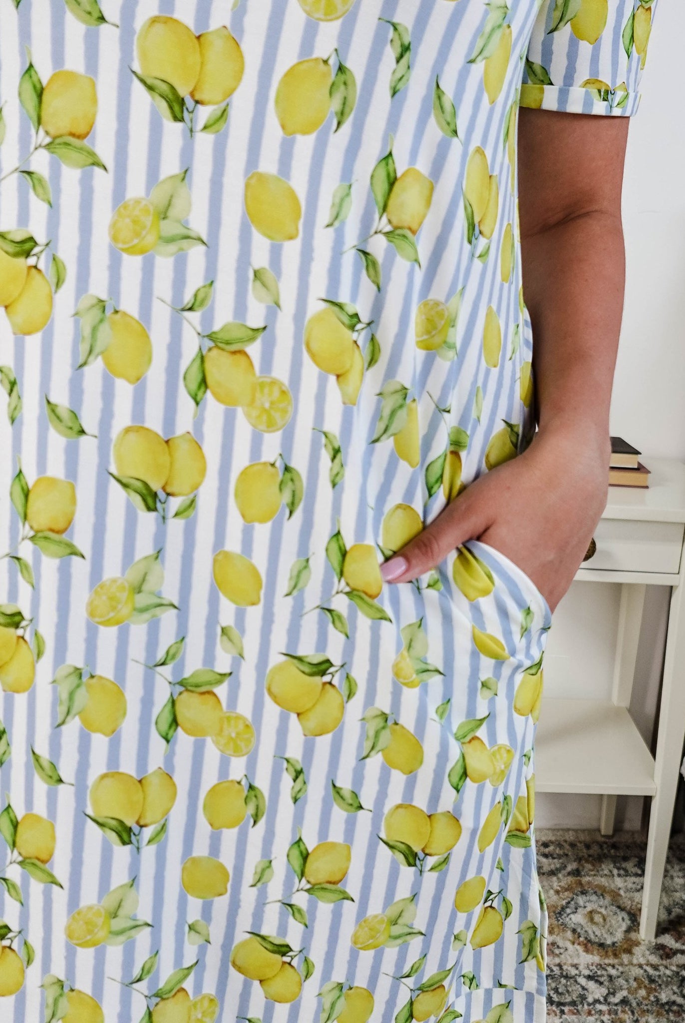 Georgia Rylan Bamboo V-Neck Nightshirt with Pockets | Limoncello Print showing side slit pockets