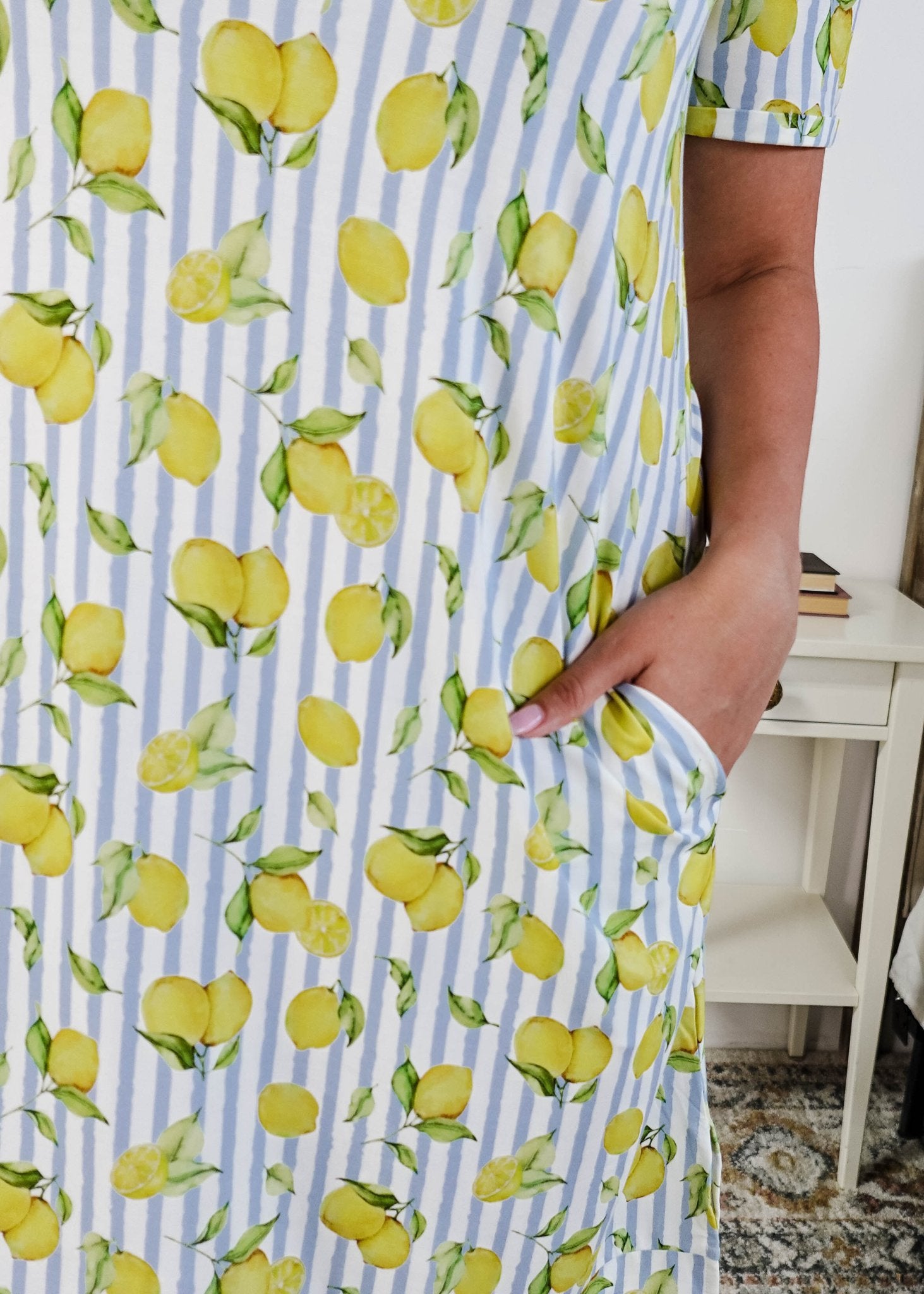 Georgia Rylan Bamboo V-Neck Nightshirt with Pockets | Limoncello Print showing side slit pockets
