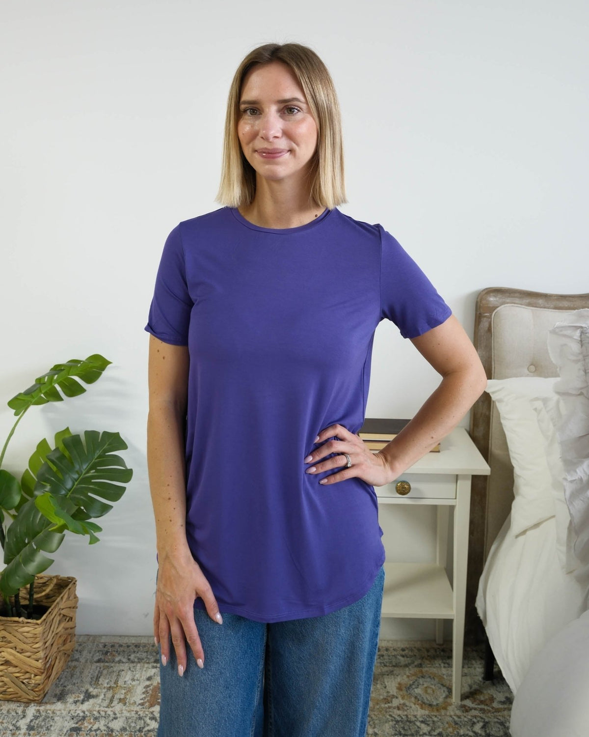 Georgia Rylan Essential Bamboo Tee Blueberry — Miranda 5'7" wearing Small, styled with wide-leg denim — Cloud Nine Pajamas Edmonton