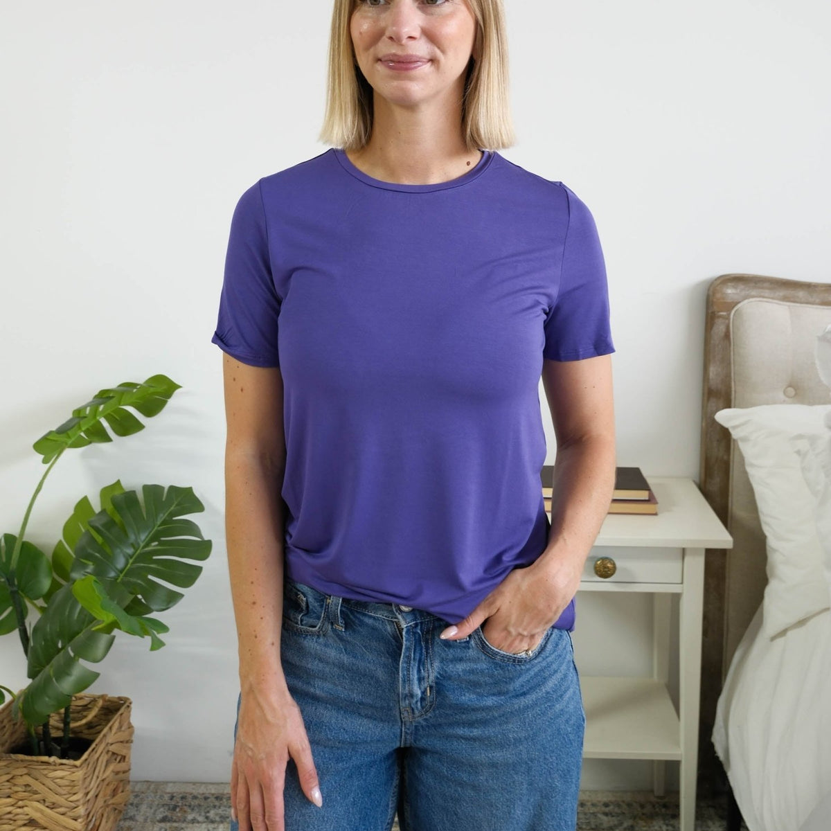Georgia Rylan Essential Bamboo Tee Blueberry — Miranda 5'7" wearing Small, styled with wide-leg denim — Cloud Nine Pajamas Edmonton