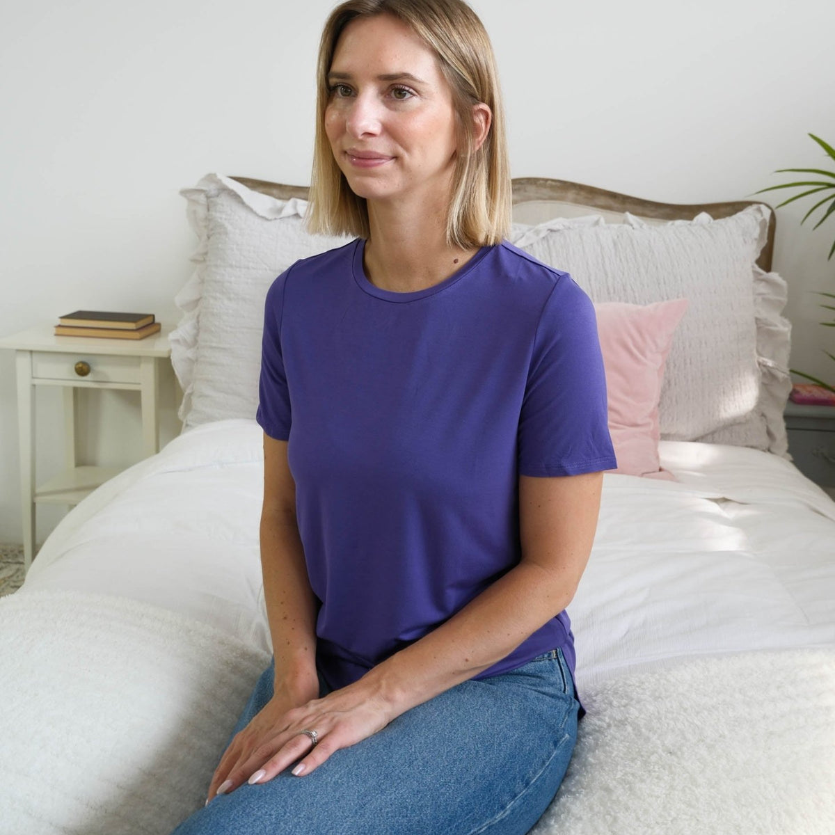 Georgia Rylan Essential Bamboo Tee Blueberry lifestyle — Cloud Nine Pajamas Edmonton