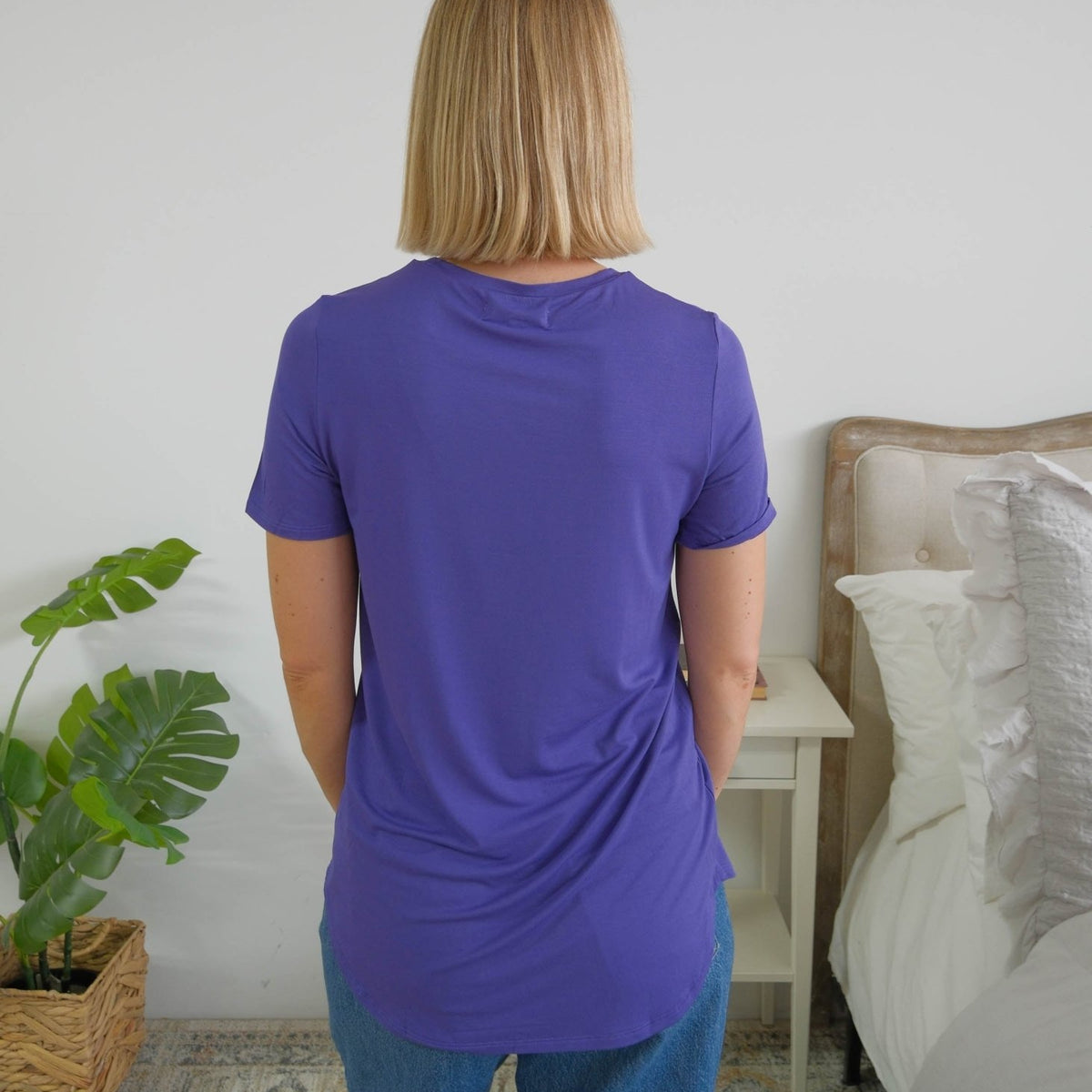 Georgia Rylan Blueberry bamboo tee back view curved hem — Cloud Nine Pajamas