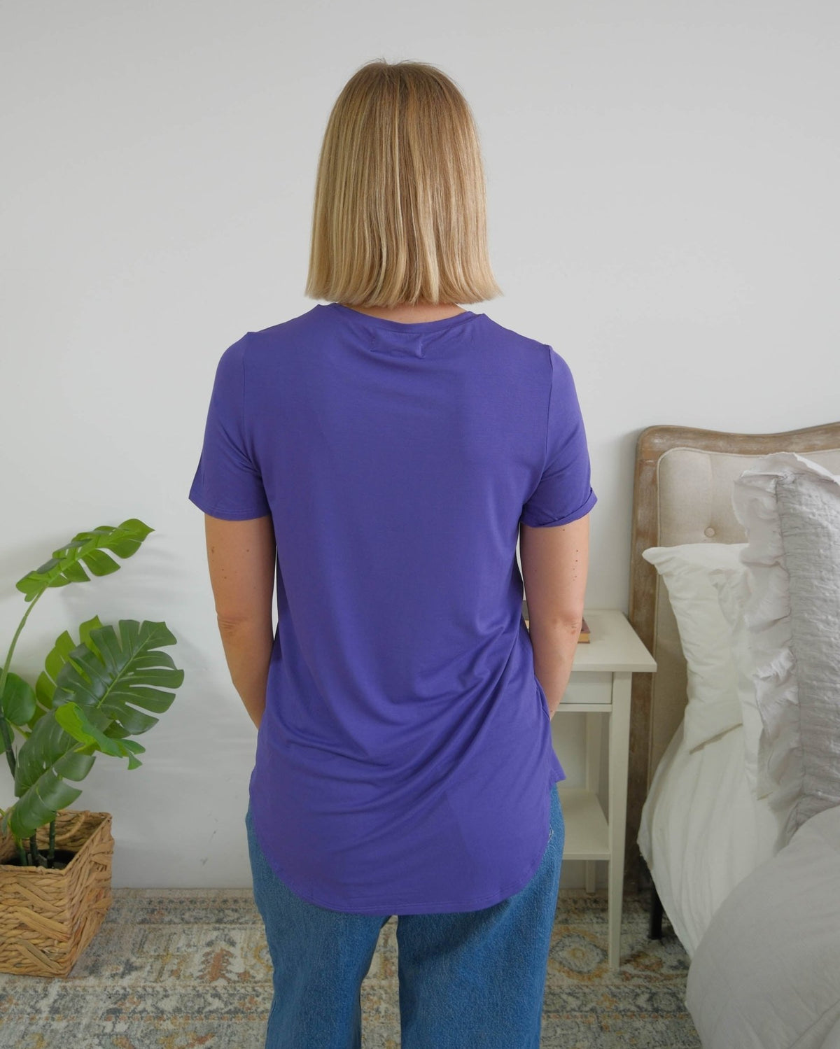 Georgia Rylan Blueberry bamboo tee back view curved hem — Cloud Nine Pajamas