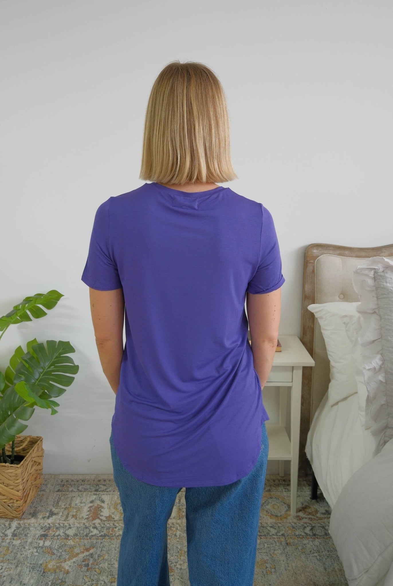 Georgia Rylan Blueberry bamboo tee back view curved hem — Cloud Nine Pajamas
