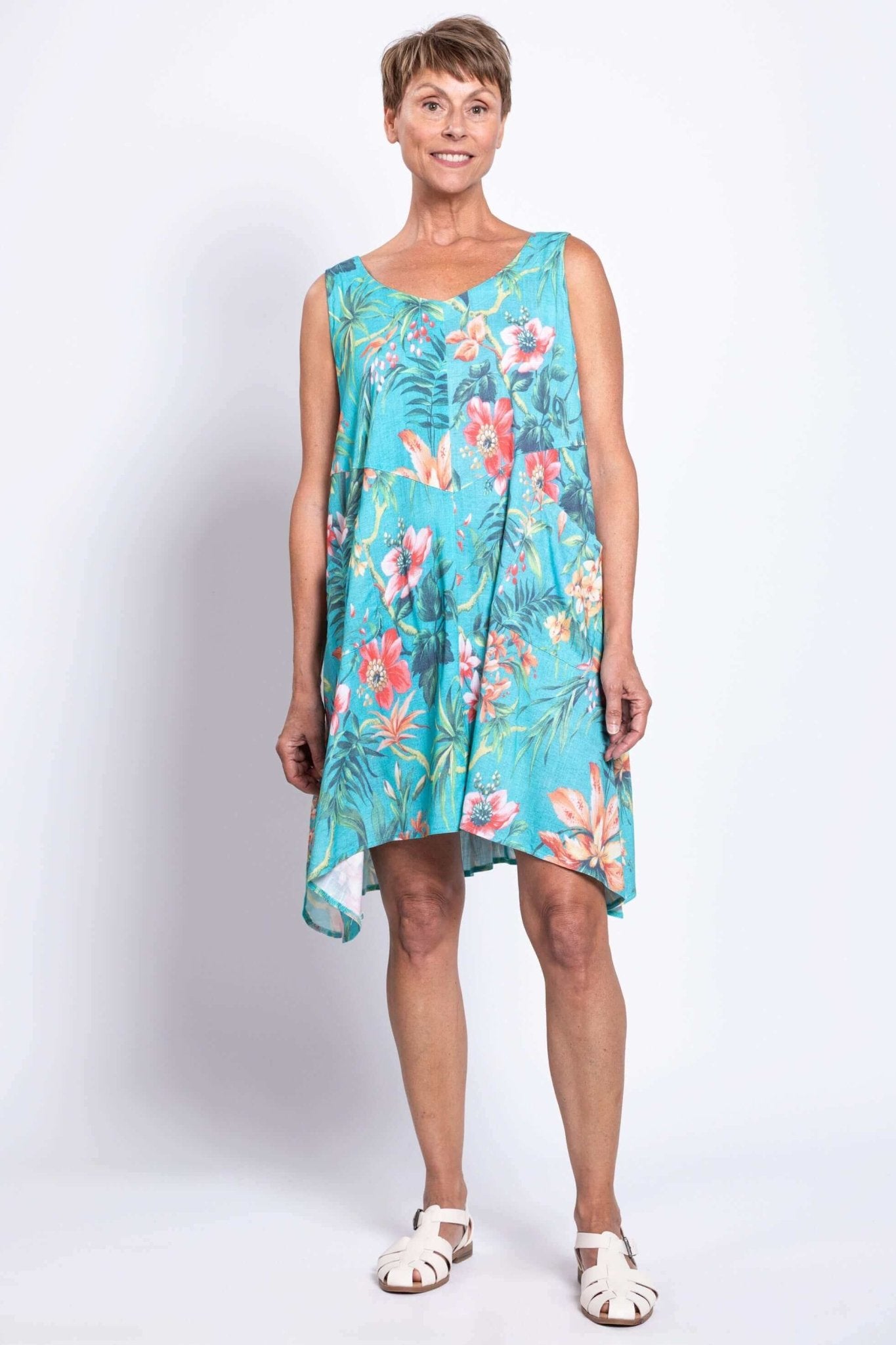 Gia Dress in Teal Fiji – Linen - Bamboo V - Neck Tunic Dress - Blue Sky Clothing Co - Cloud Nine Pajamas