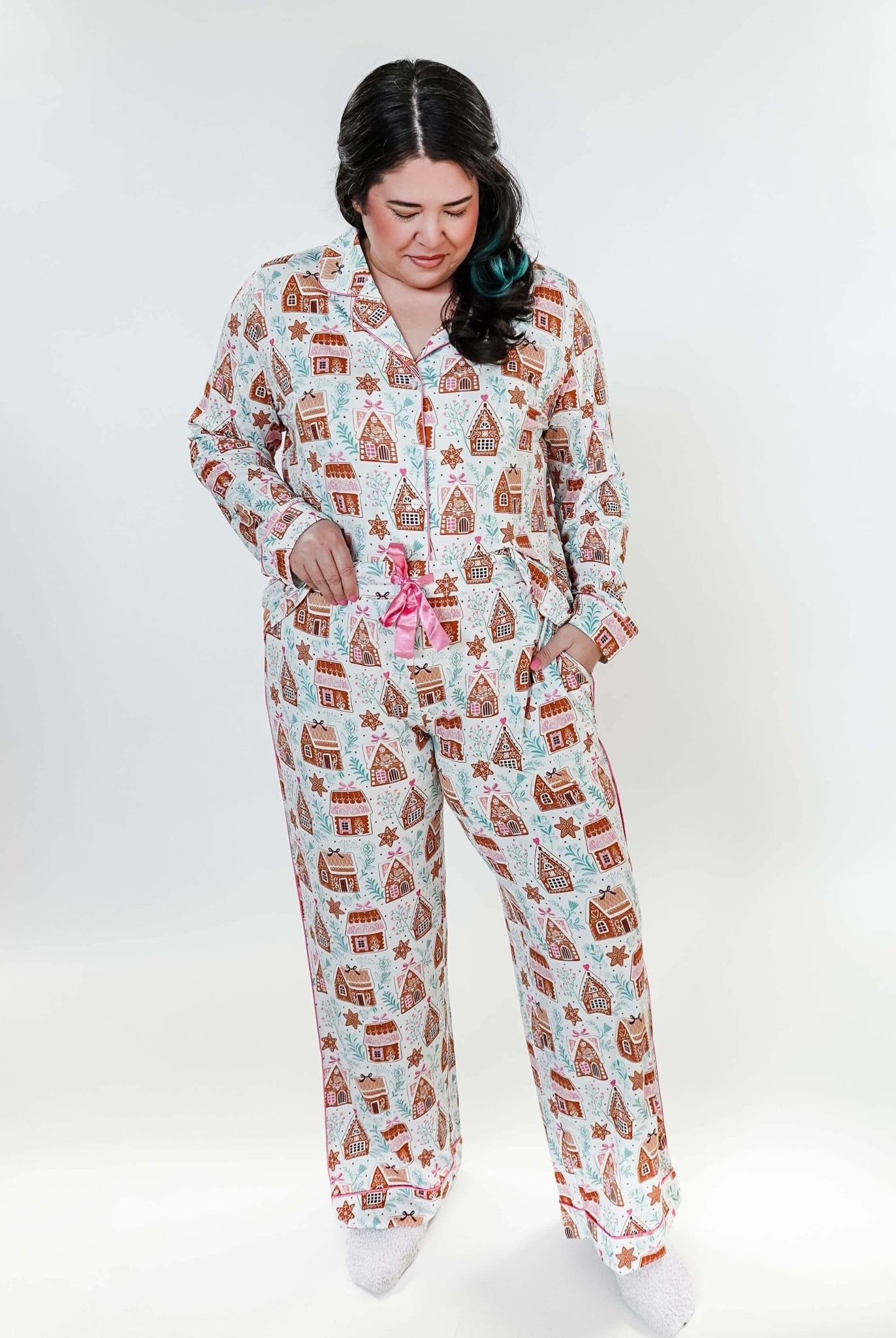 women's Gingerbread Dreams Long Sleeve Button Up PJ Set georgia rylan