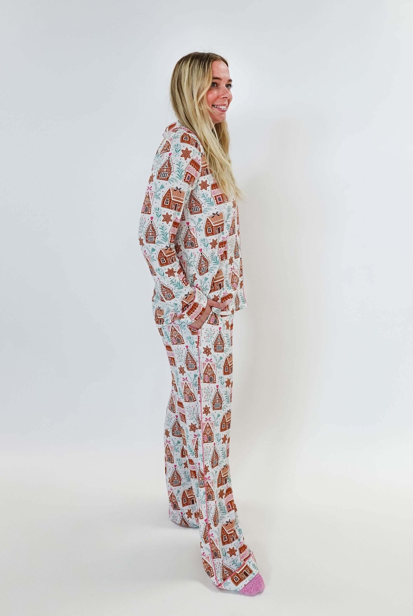 women's bamboo button up pj set in gingerbread house print georgia rylan