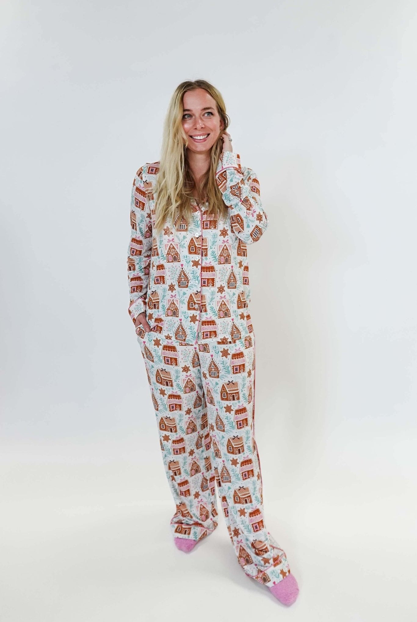 women's bamboo button up pj set in gingerbread house print georgia rylan