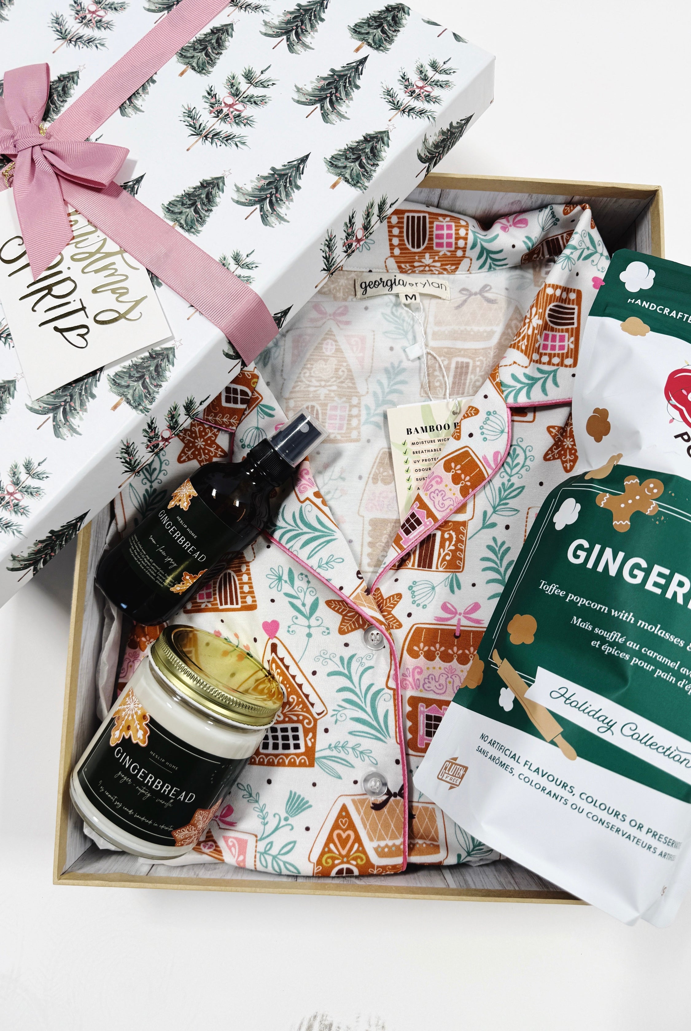 ultimate gift for gingerbread or sweet treats lovers with pajamas, popcorn, and candles all scented with gingerbread!