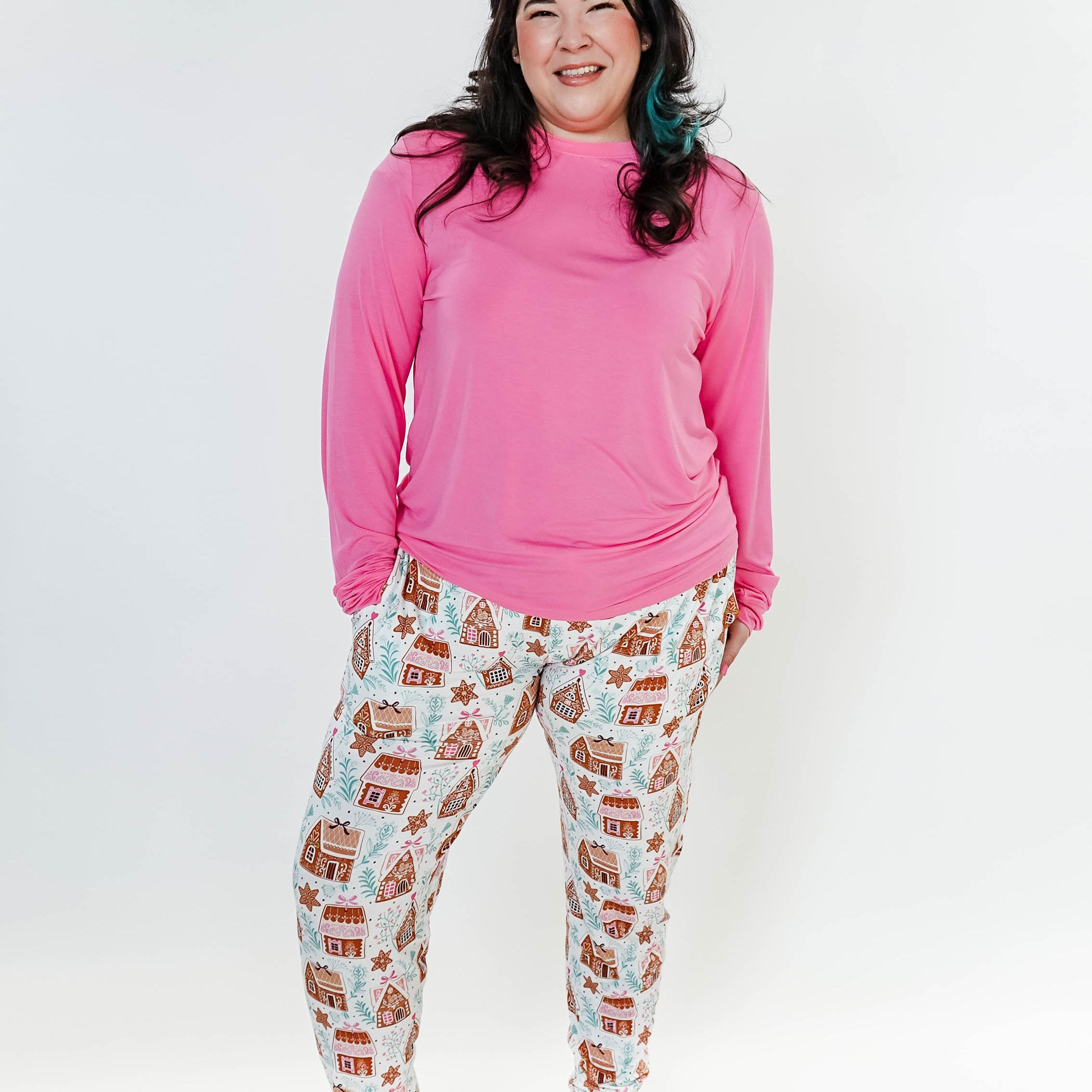 Gingerbread Dreams Long Sleeve & Jogger PJ Set by Georgia Rylan, full length shot showing full set