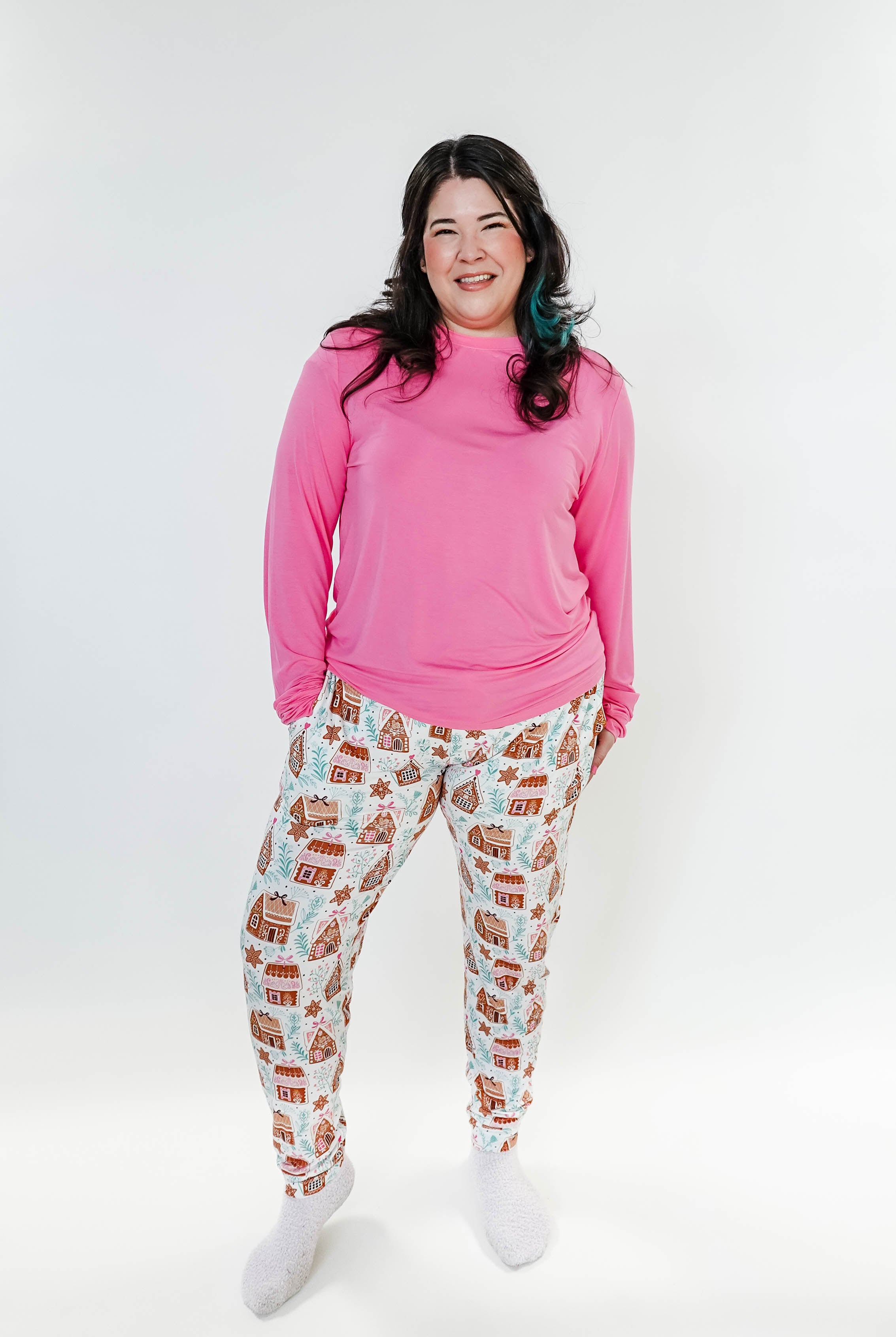 Gingerbread Dreams Long Sleeve & Jogger PJ Set by Georgia Rylan, full length shot showing full set