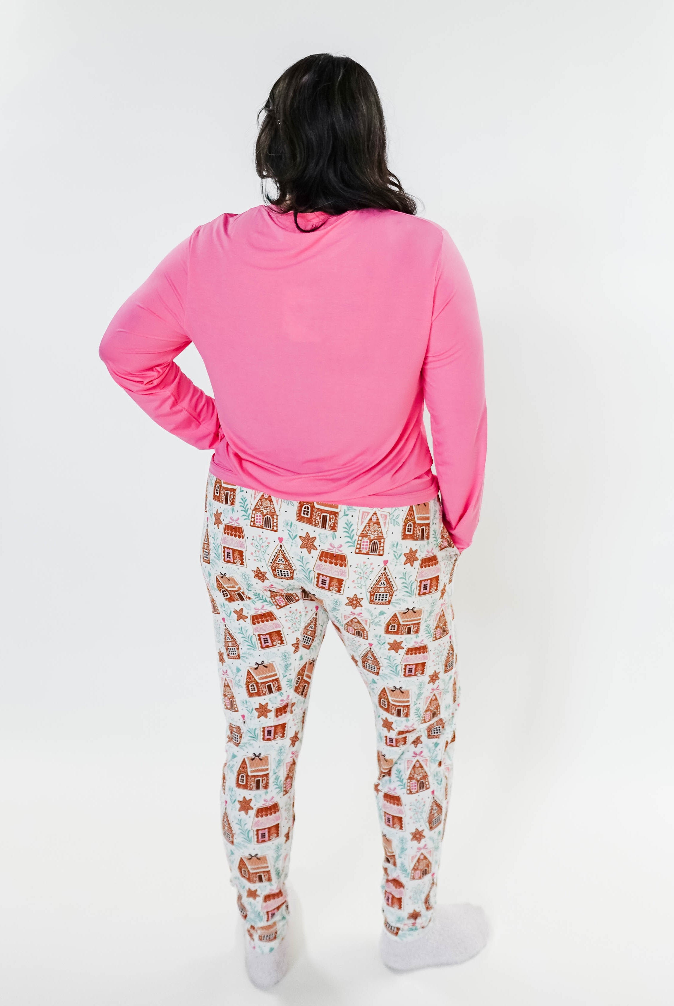 women's pink and gingerbread print pj set top and jogger - Georgia Rylan