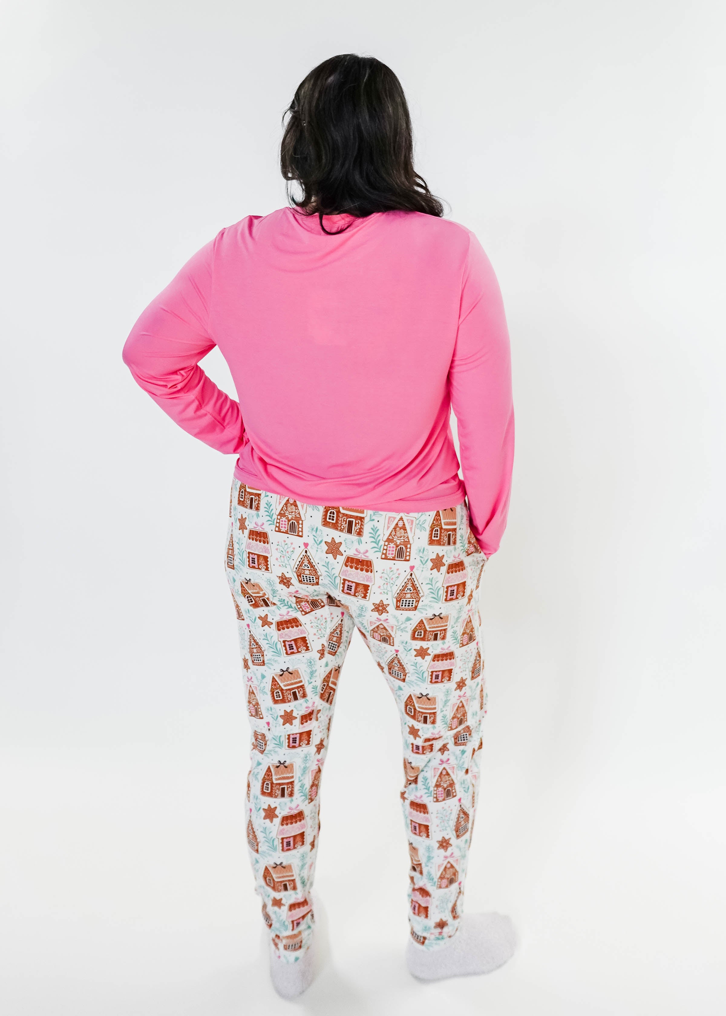 women's pink and gingerbread print pj set top and jogger - Georgia Rylan