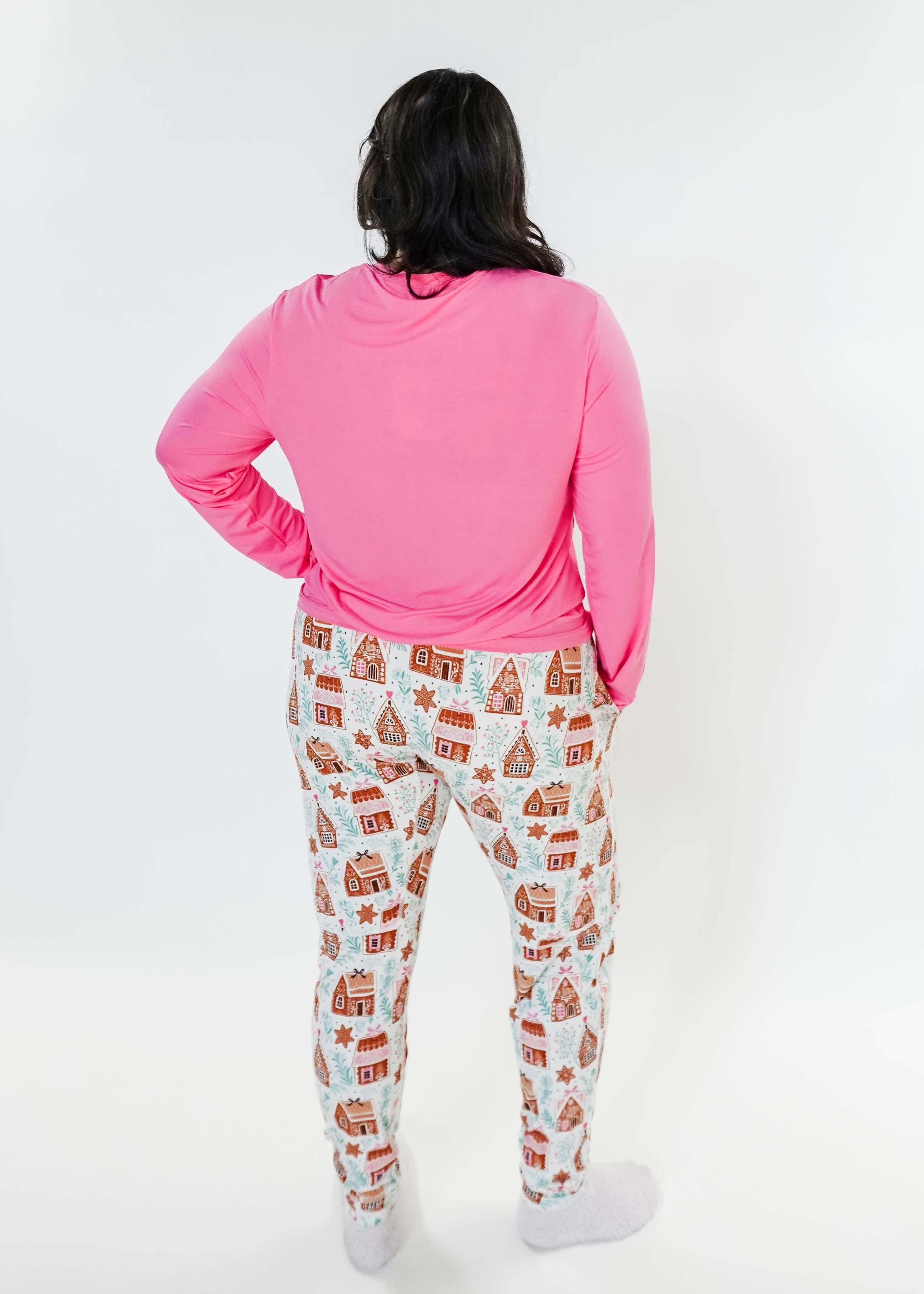 women's pink and gingerbread print pj set top and jogger - Georgia Rylan