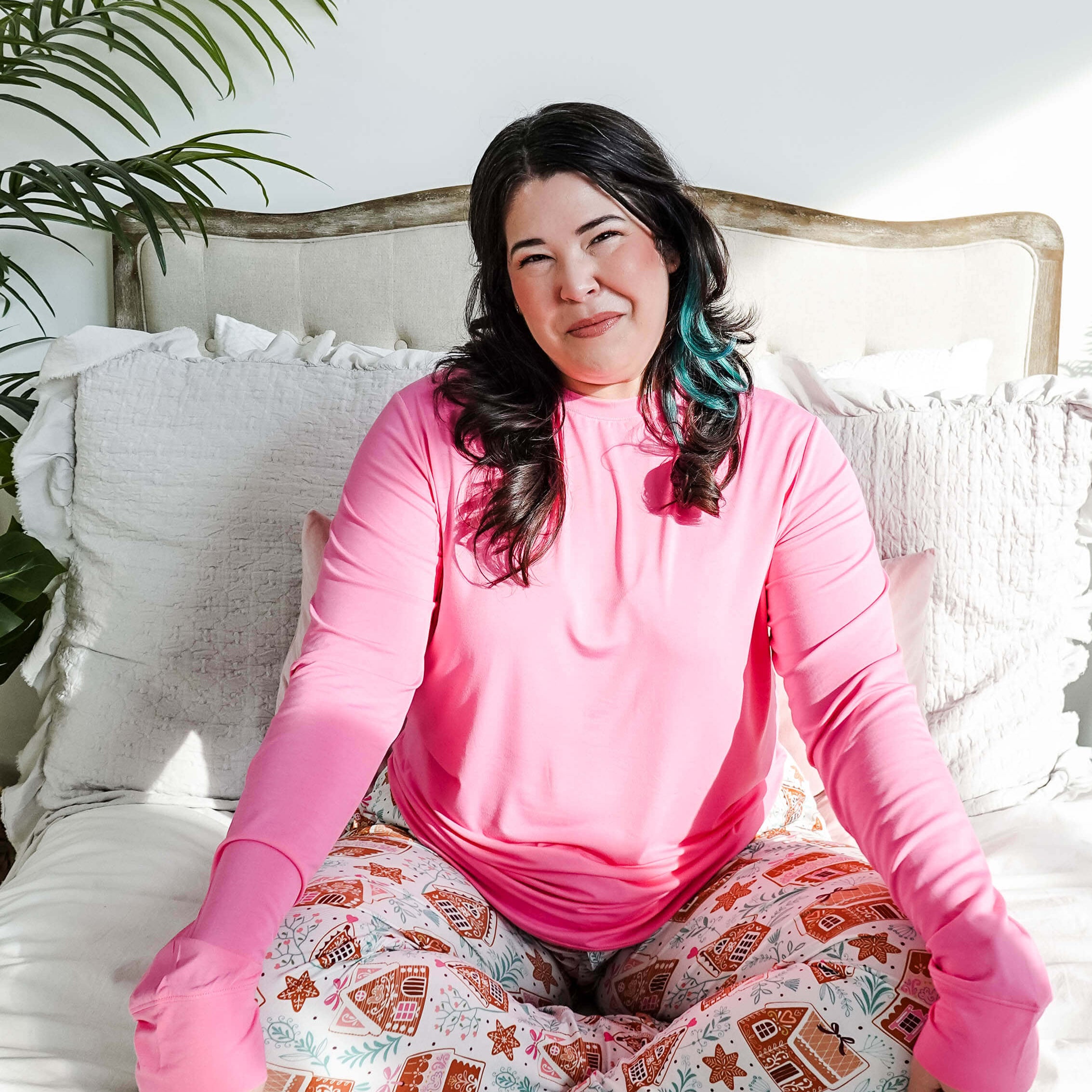 women's pink and gingerbread print pj set top and jogger - Georgia Rylan