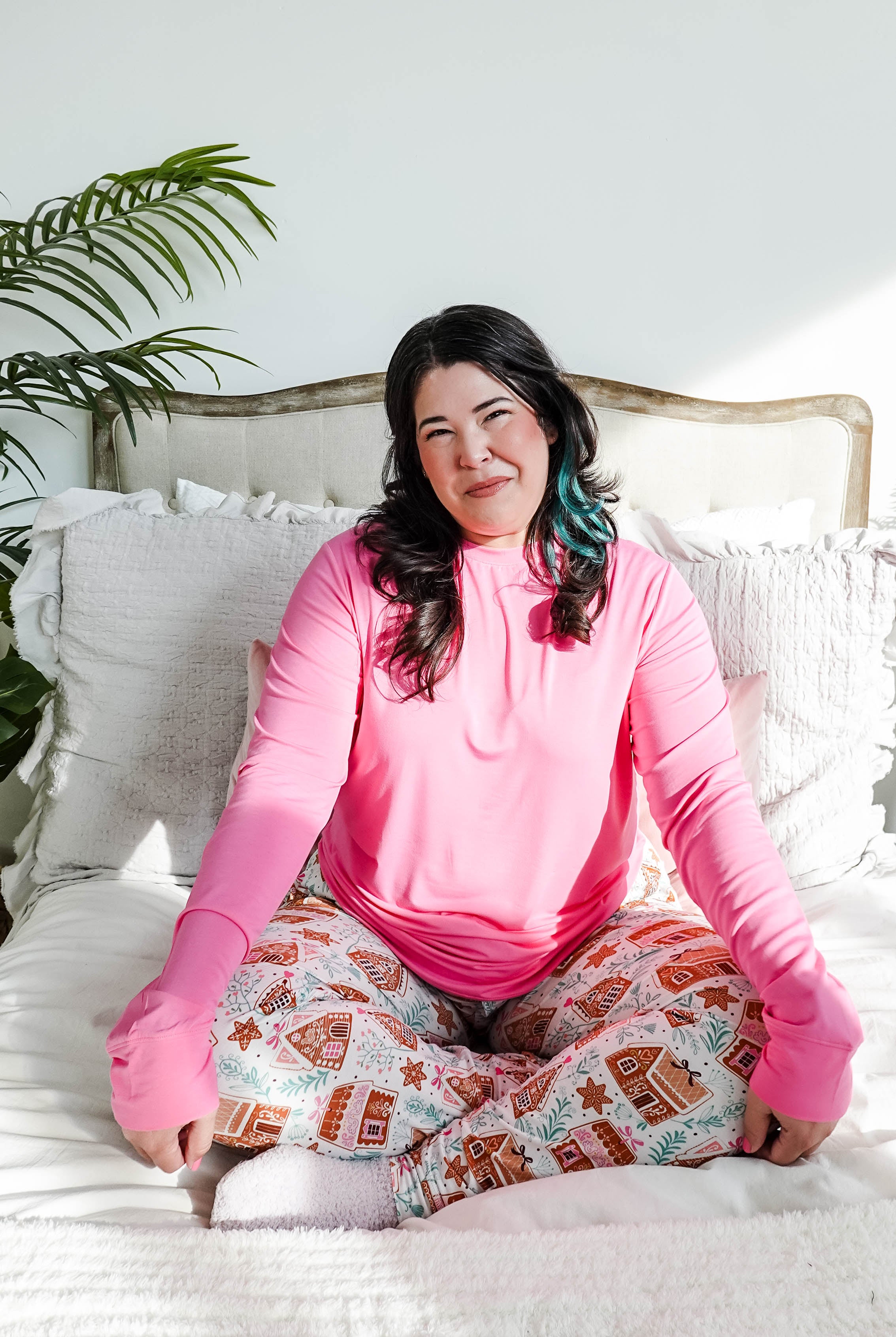 women's pink and gingerbread print pj set top and jogger - Georgia Rylan