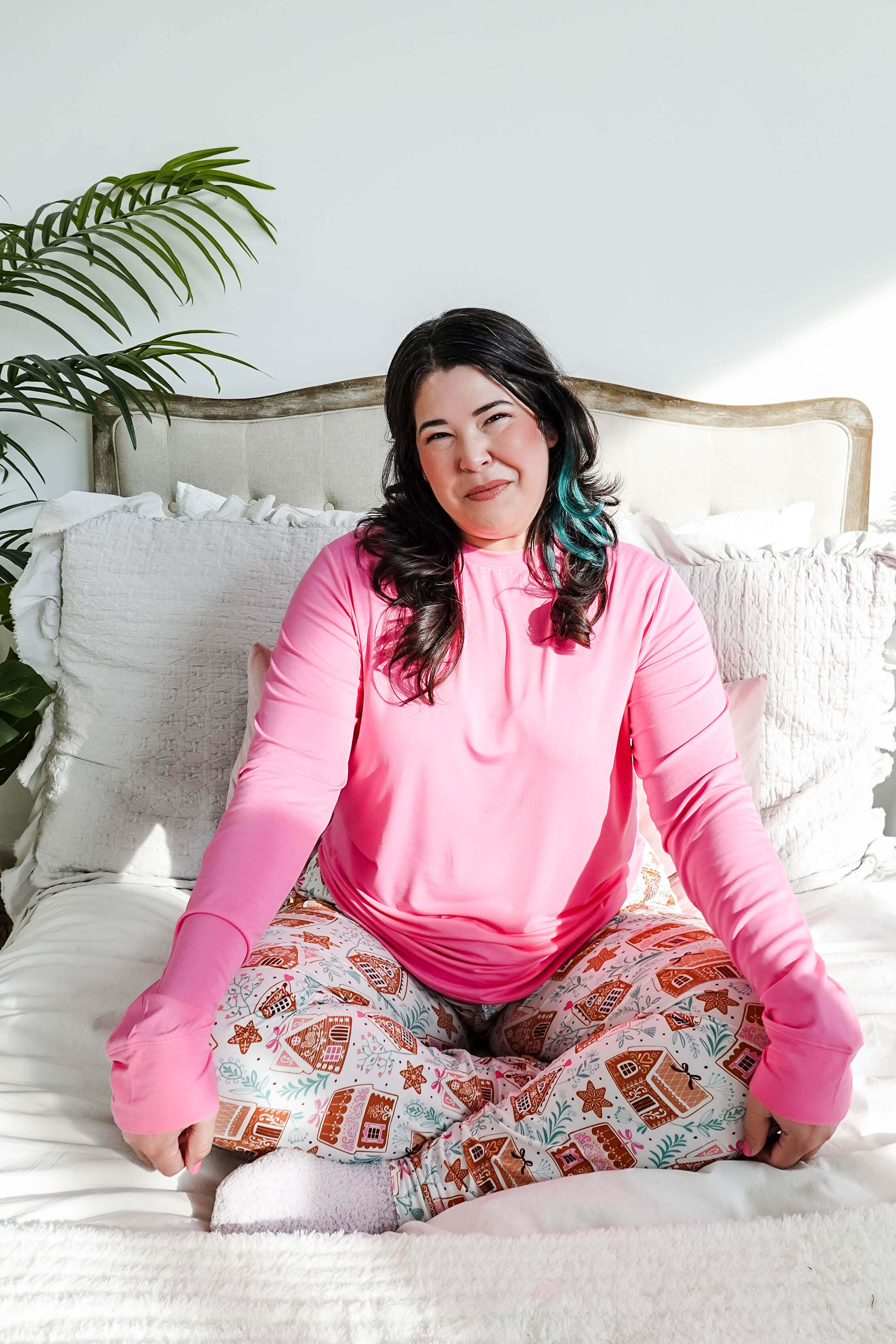 women's pink and gingerbread print pj set top and jogger - Georgia Rylan