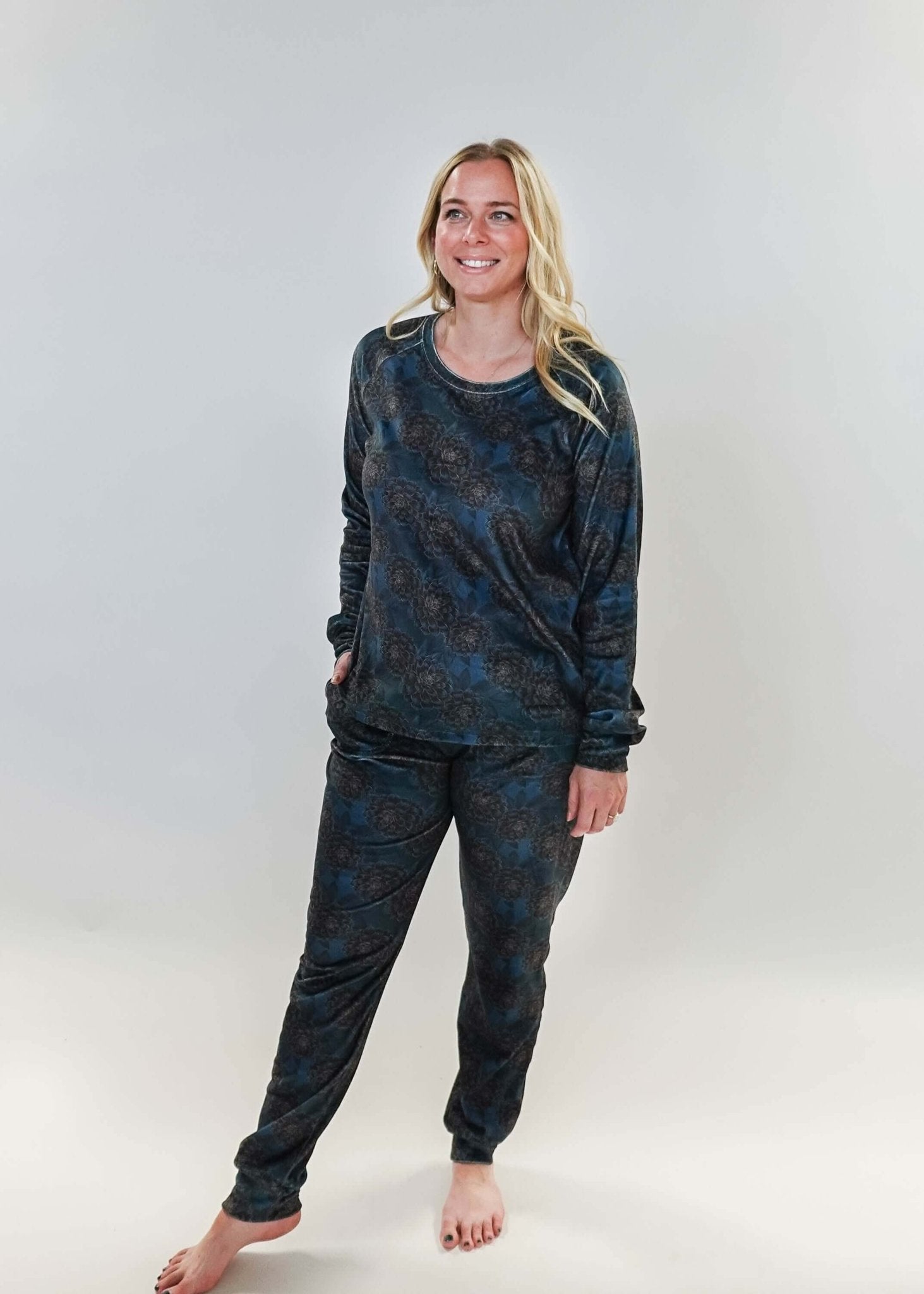women's peacock blue with gold floral print velour loungewear set MIRANDA NIC