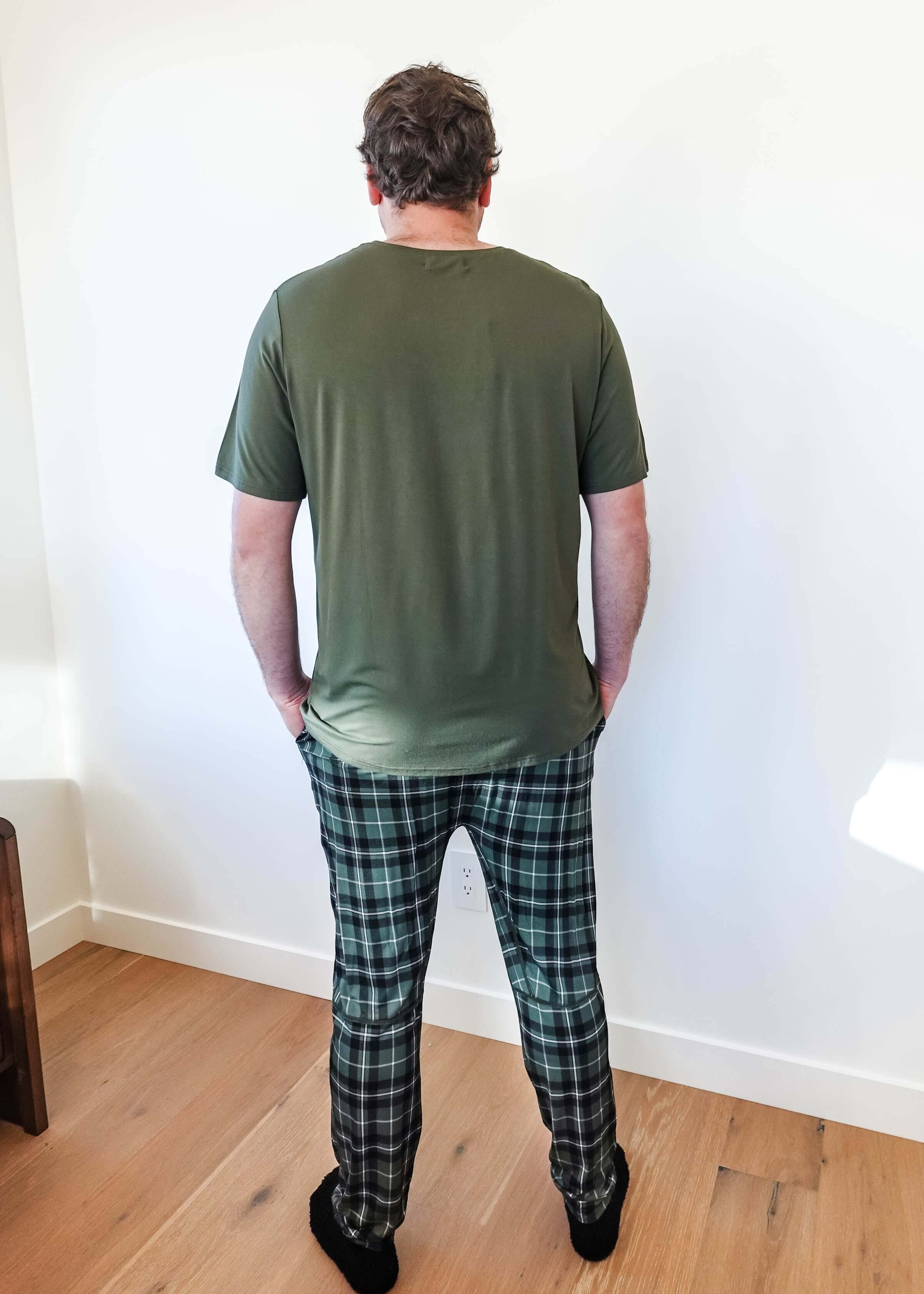 Man wearing Green Plaid unisex bamboo jogger from Bob's Sleepwear Co. shown from the back.