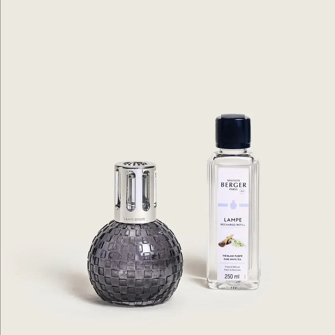 Maison Berger Paris Disco Fragrance Lamp Gift Set in grey with fragrance bottle, ideal for home décor and luxe scent.