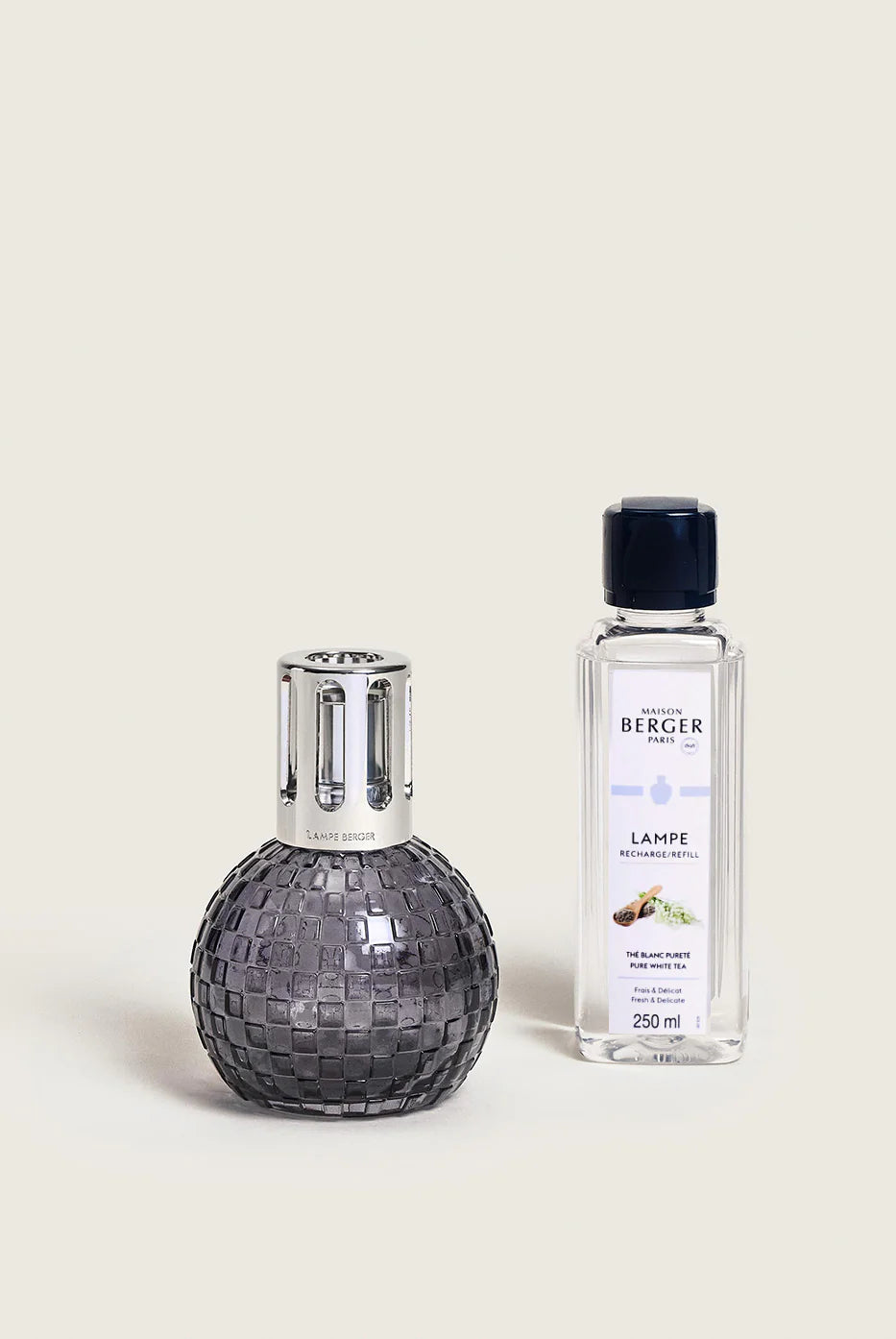 Maison Berger Paris Disco Fragrance Lamp Gift Set in grey with fragrance bottle, ideal for home décor and luxe scent.