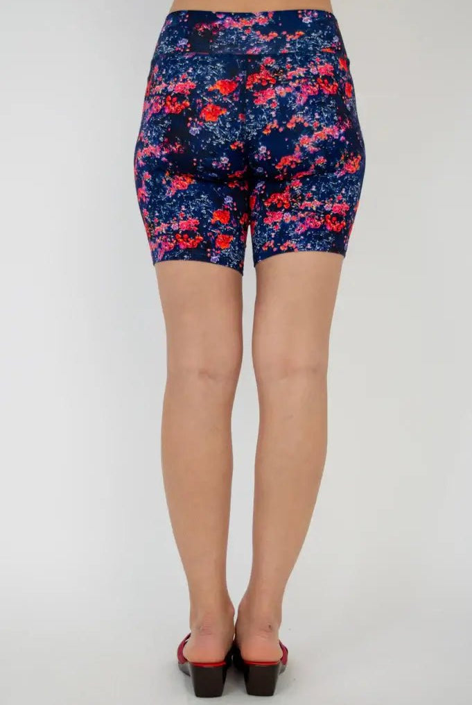 Hallie Bamboo Anti-Chafe Cooling Slip Shorts featuring vibrant floral design, showing back view.