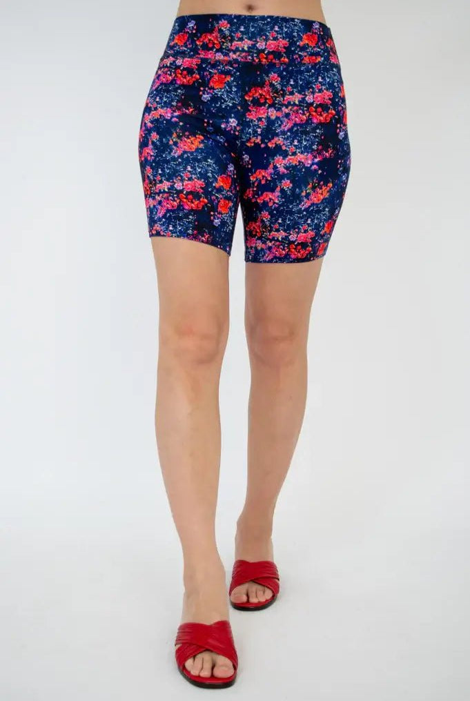 Hallie Bamboo Anti-Chafe Cooling Slip Shorts in a vibrant floral print with red accents and a comfortable fit.