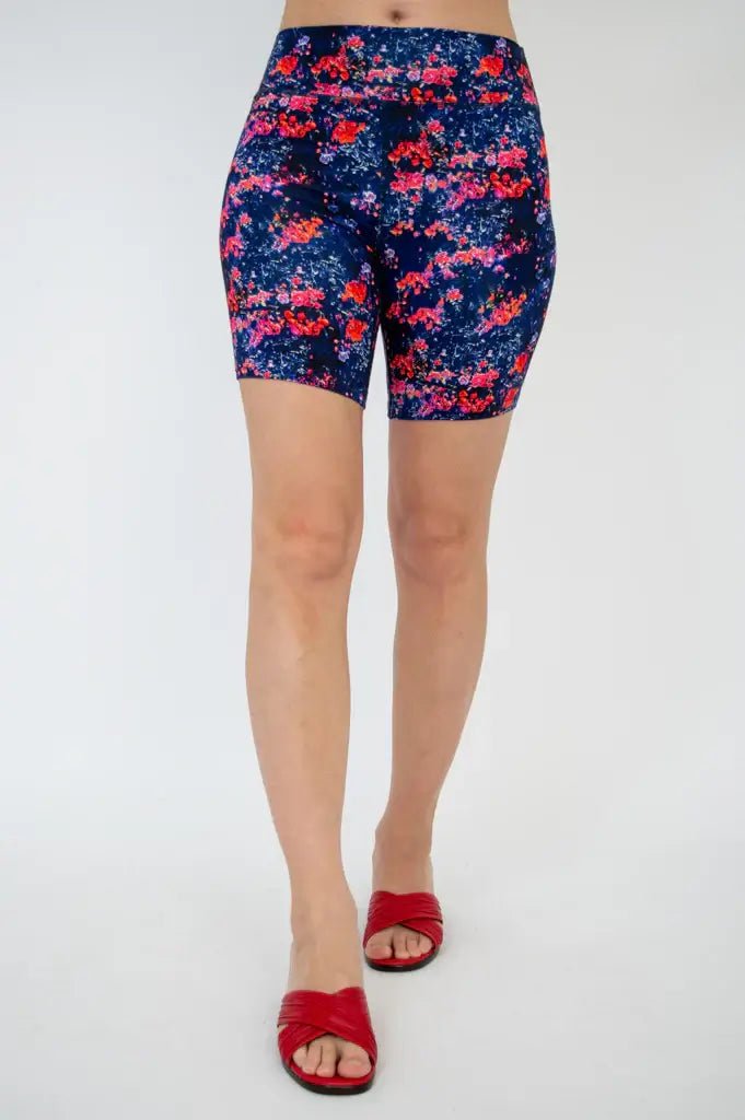Hallie Bamboo Anti-Chafe Cooling Slip Shorts in a vibrant floral print with red accents and a comfortable fit.
